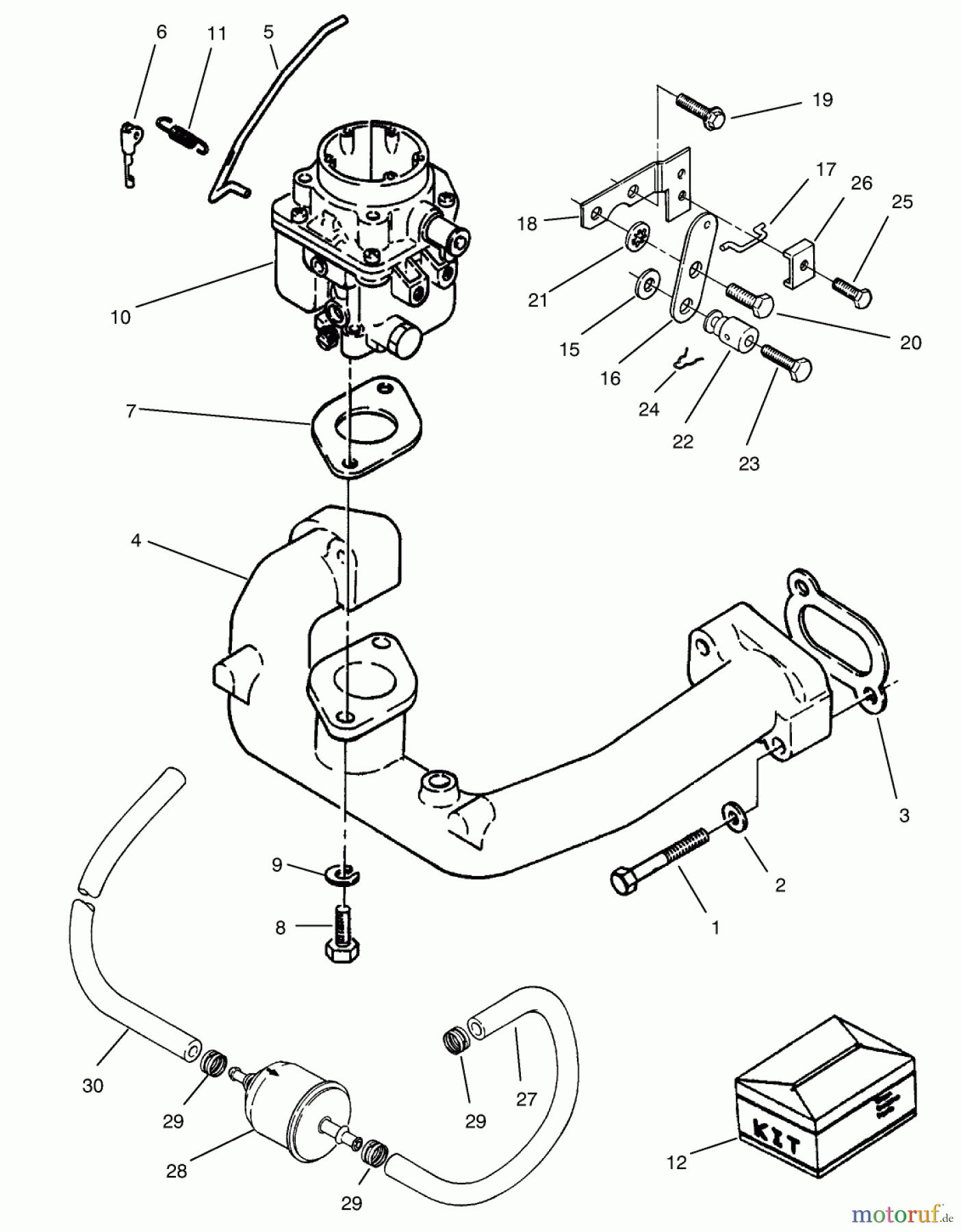 Toro Neu Mowers, Zero-Turn 74120 (616-Z) - Toro 616-Z Tractor, 1994 (490001-499999) CARBURETOR & INTAKE MANIFOLD ASSEMBLY