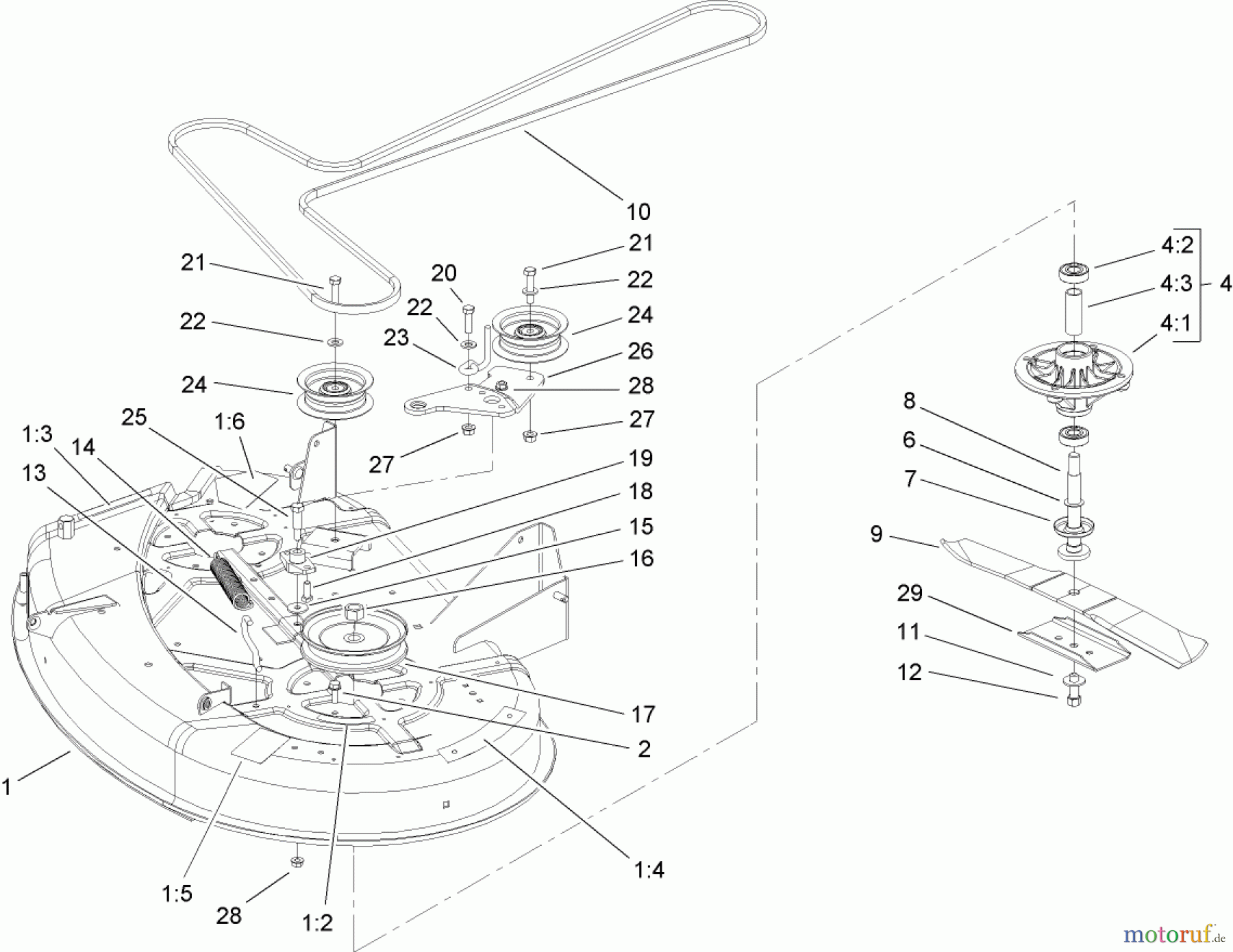 Toro Neu Mowers, Zero-Turn 74330 (16-42Z) - Toro 16-42Z TimeCutter Z Riding Mower, 2004 (240001180-240999999) DECK, SPINDLE AND BELT DRIVE ASSEMBLY