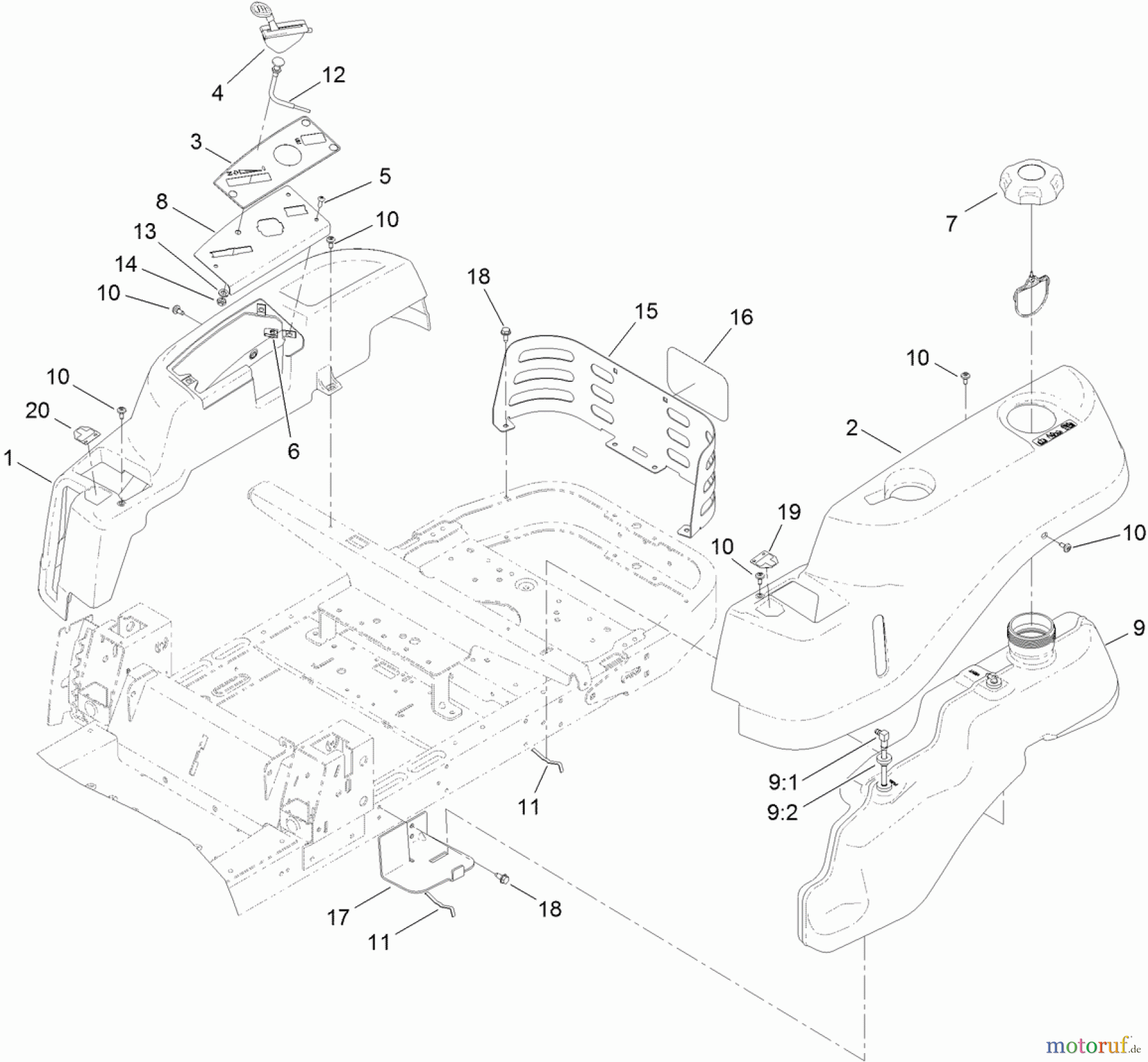  Toro Neu Mowers, Zero-Turn 74387 (ZS 5000) - Toro TimeCutter ZS 5000 Riding Mower, 2012 (SN 312000001-312999999) BODY STYLING AND FUEL POD ASSEMBLY