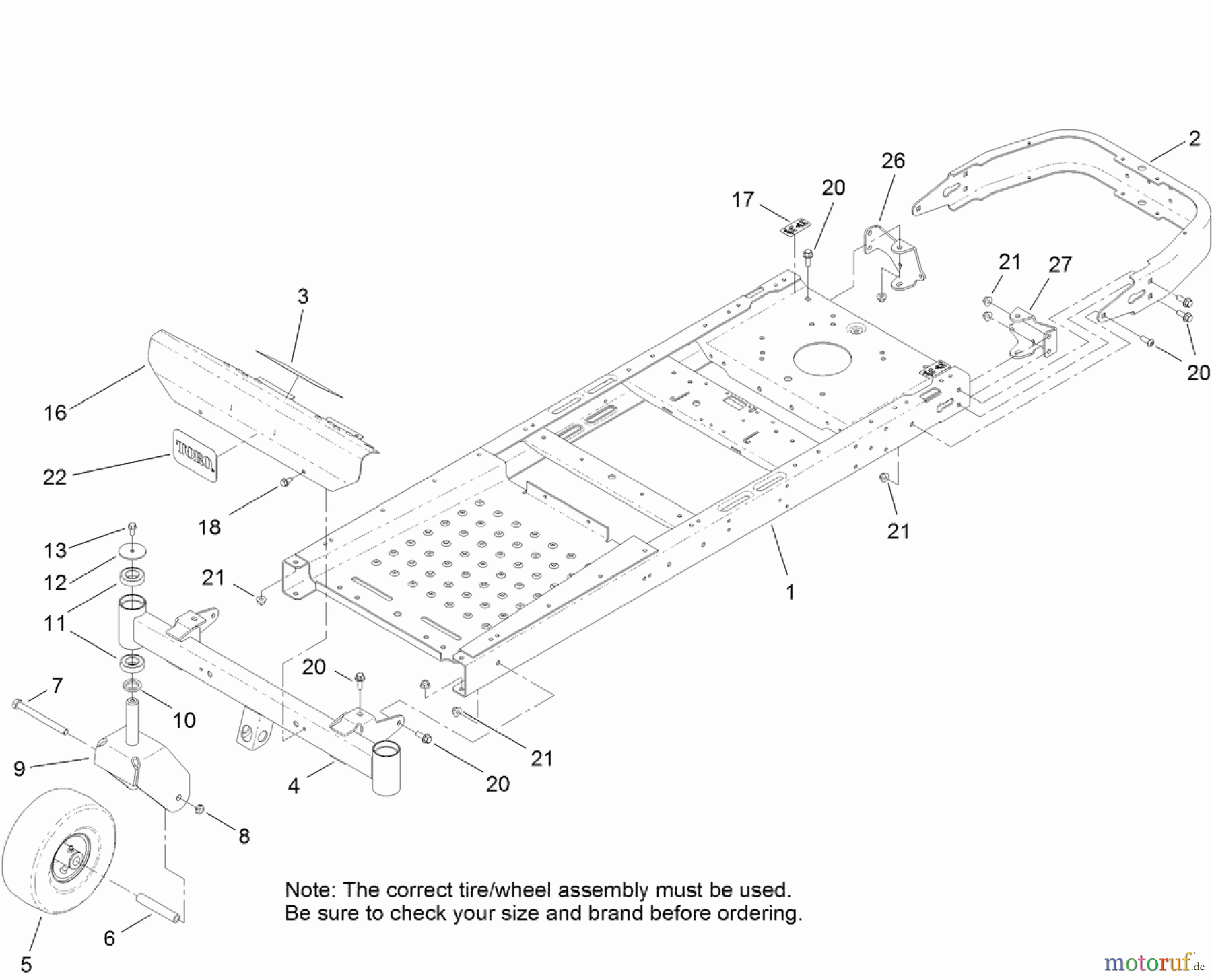 Toro Neu Mowers, Zero-Turn 74389 (ZS 4200S) - Toro TimeCutter ZS 4200S Riding Mower, 2012 (SN 312000001-312999999) FRAME, FRONT AXLE AND CASTER WHEEL ASSEMBLY