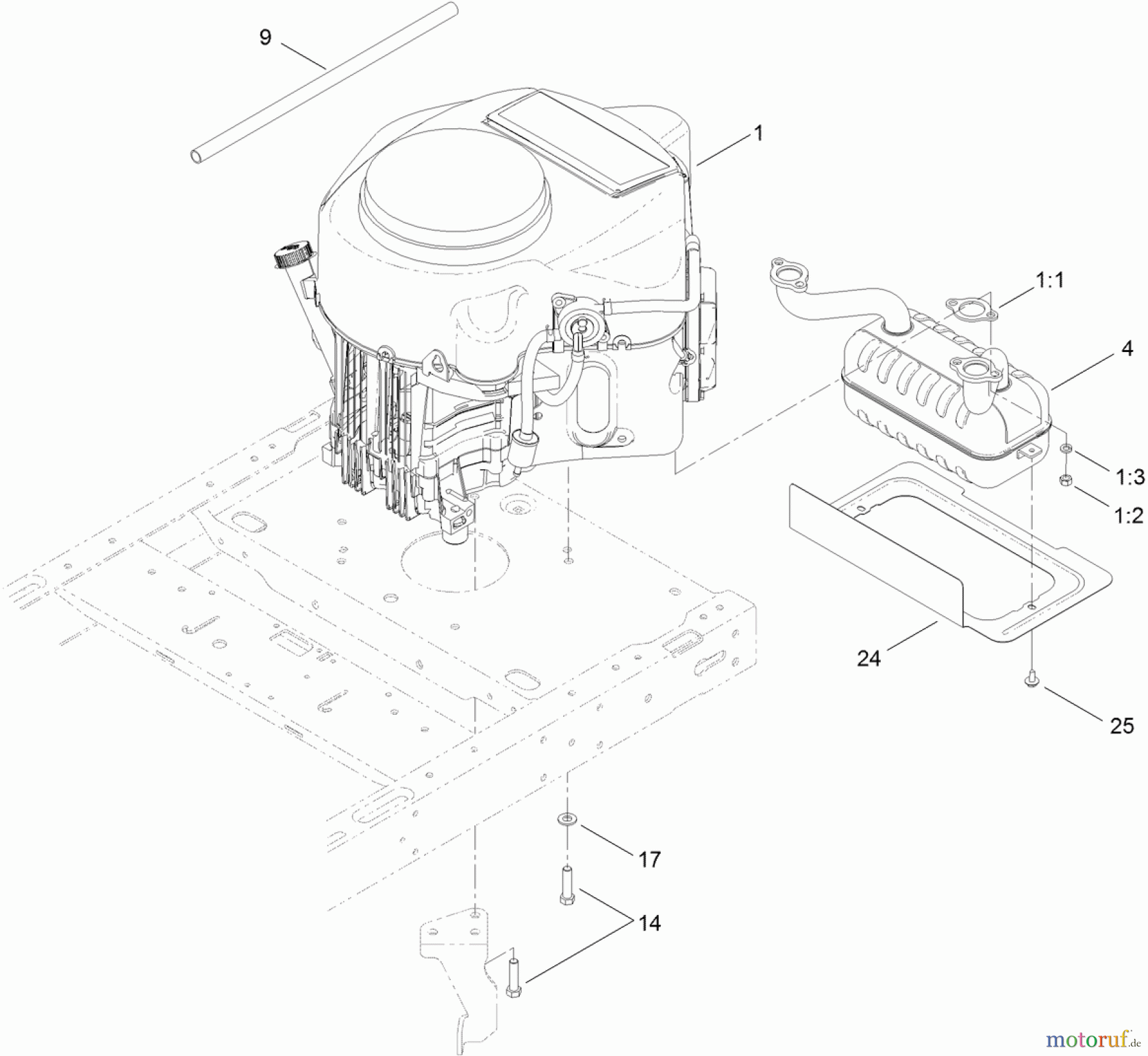 Toro Neu Mowers, Zero-Turn 74390 (ZS 4200TF) - Toro TimeCutter ZS 4200TF Riding Mower, 2012 (SN 312000001-312999999) ENGINE AND MUFFLER ASSEMBLY