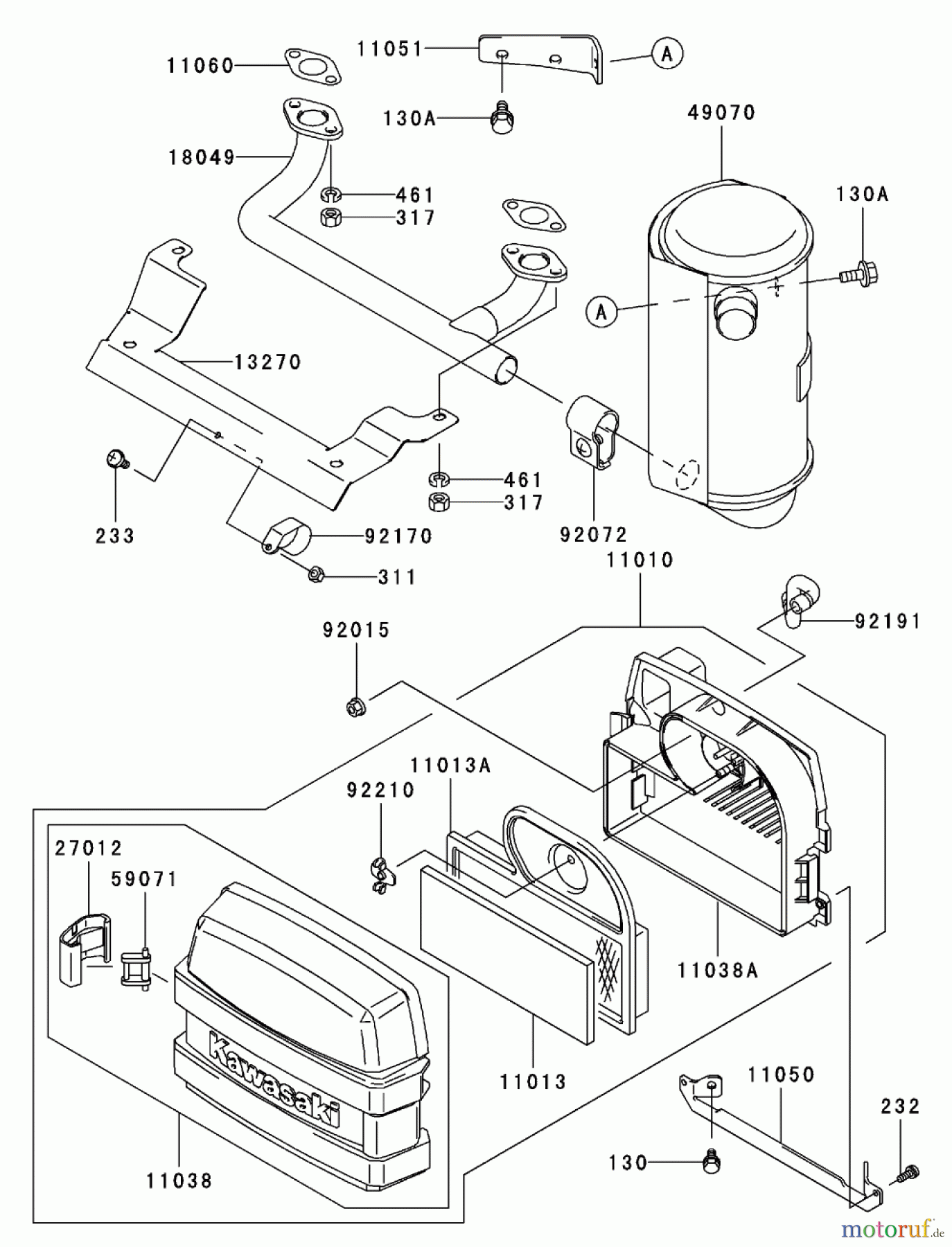 Toro Neu Mowers, Zero-Turn 74401 (Z17-44) - Toro Z17-44 TimeCutter Z Riding Mower, 2002 (220000001-220999999) AIR FILTER / MUFFLER ASSEMBLY KAWASAKI FH500V-AS36