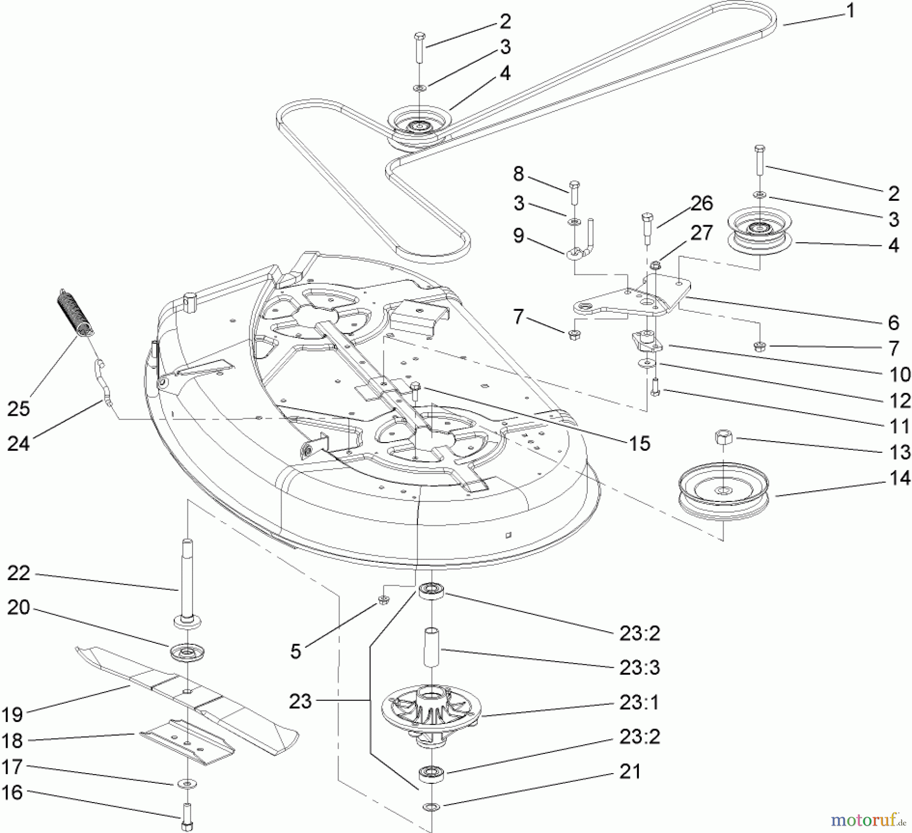Toro Neu Mowers, Zero-Turn 74402 (Z380) - Toro TimeCutter Z380 Riding Mower, 2005 (250000001-250999999) 38 INCH DECK SPINDLE AND BELT DRIVE ASSEMBLY
