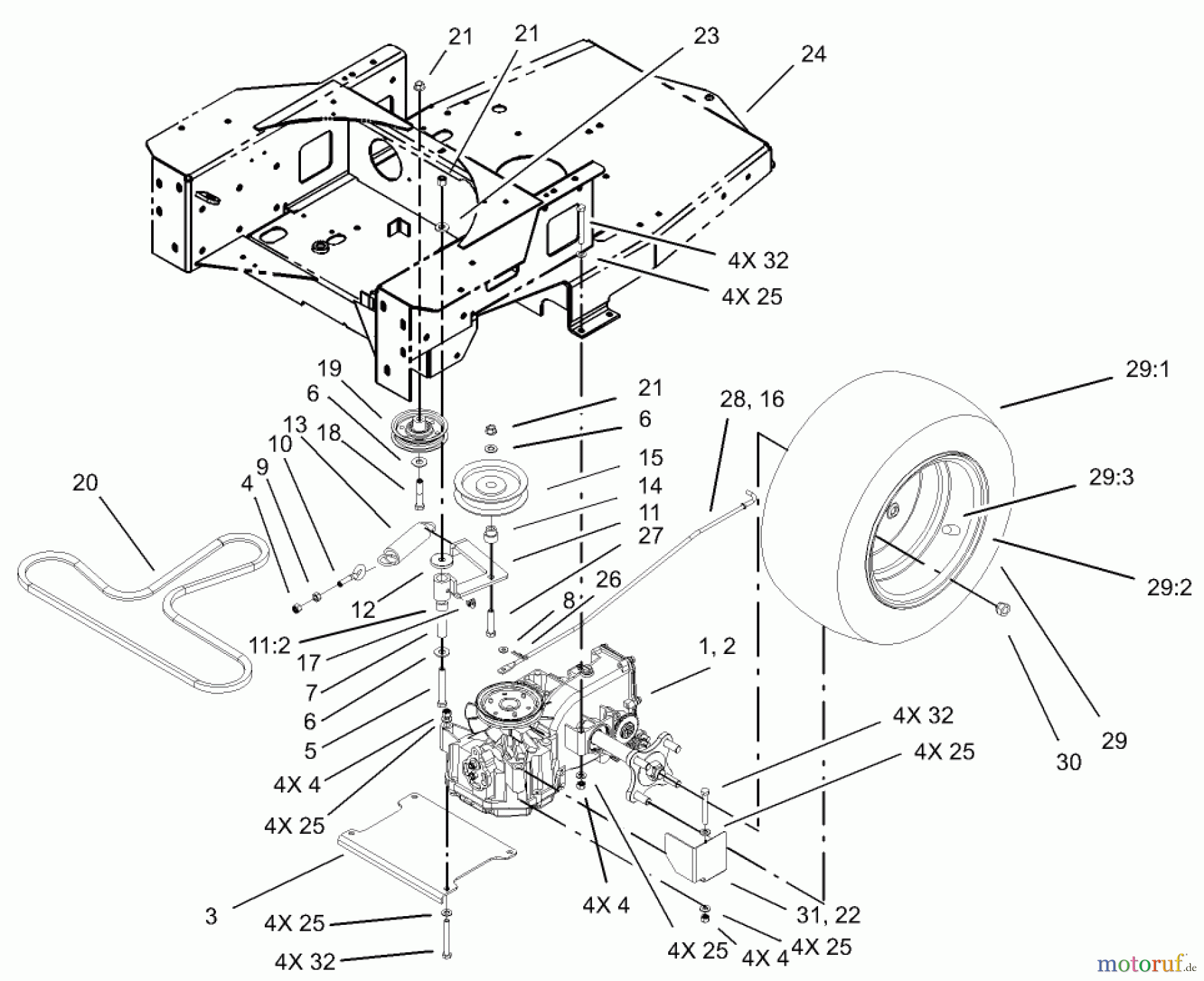  Toro Neu Mowers, Zero-Turn 74405 (18-52ZX) - Toro 18-52ZX TimeCutter ZX Riding Mower, 2003 (230000001-230999999) HYDRO AND BELT DRIVE ASSEMBLY