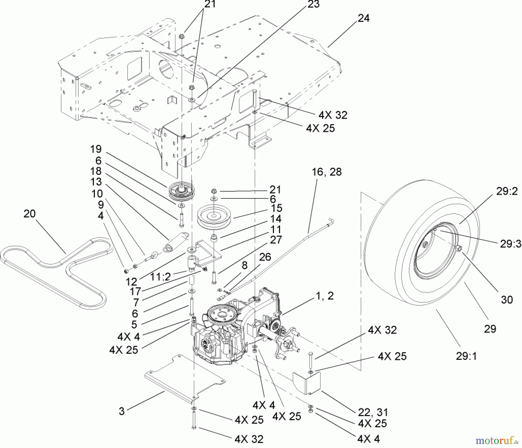 Toro Neu Mowers, Zero-Turn 74405 (18-52ZX) - Toro 18-52ZX TimeCutter ZX Riding Mower, 2004 (240000001-240999999) HYDRO AND BELT DRIVE ASSEMBLY