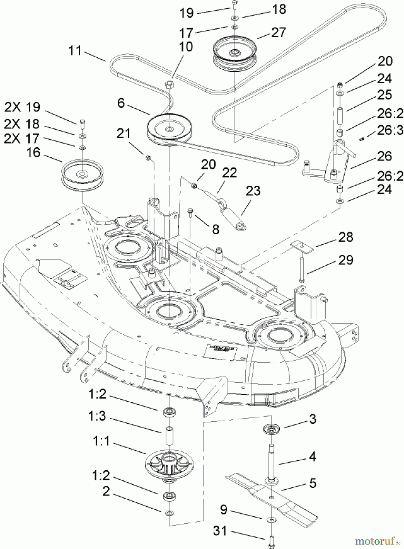 Toro Neu Mowers, Zero-Turn 74406 (ZX440) - Toro TimeCutter ZX440 Riding Mower, 2006 (260000241-260999999) 44IN DECK BELT DRIVE ASSEMBLY