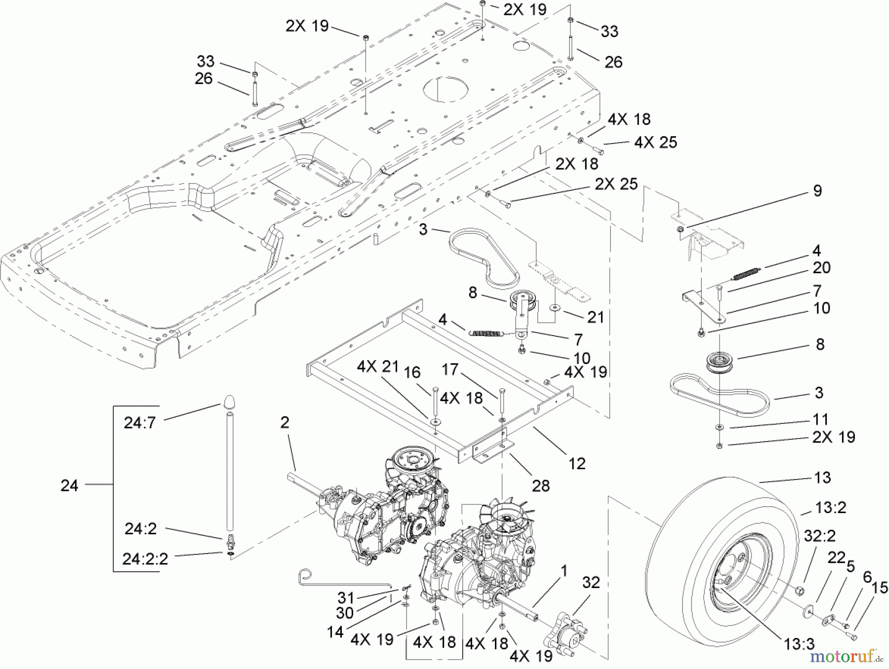Toro Neu Mowers, Zero-Turn 74425 (Z530) - Toro TimeCutter Z530 Riding Mower, 2006 (260000001-260999999) HYDRO AND DRIVE BELT ASSEMBLY
