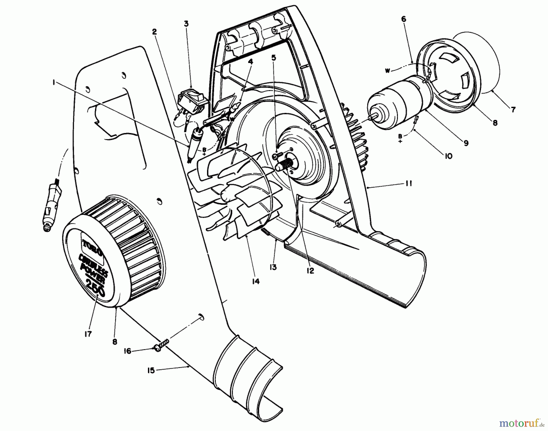  Toro Neu Blowers/Vacuums/Chippers/Shredders 51790 - Toro Mini Blower, With Battery Pack, 1990 (0000001-0999999) BLOWER HOUSING & MOTOR ASSEMBLY