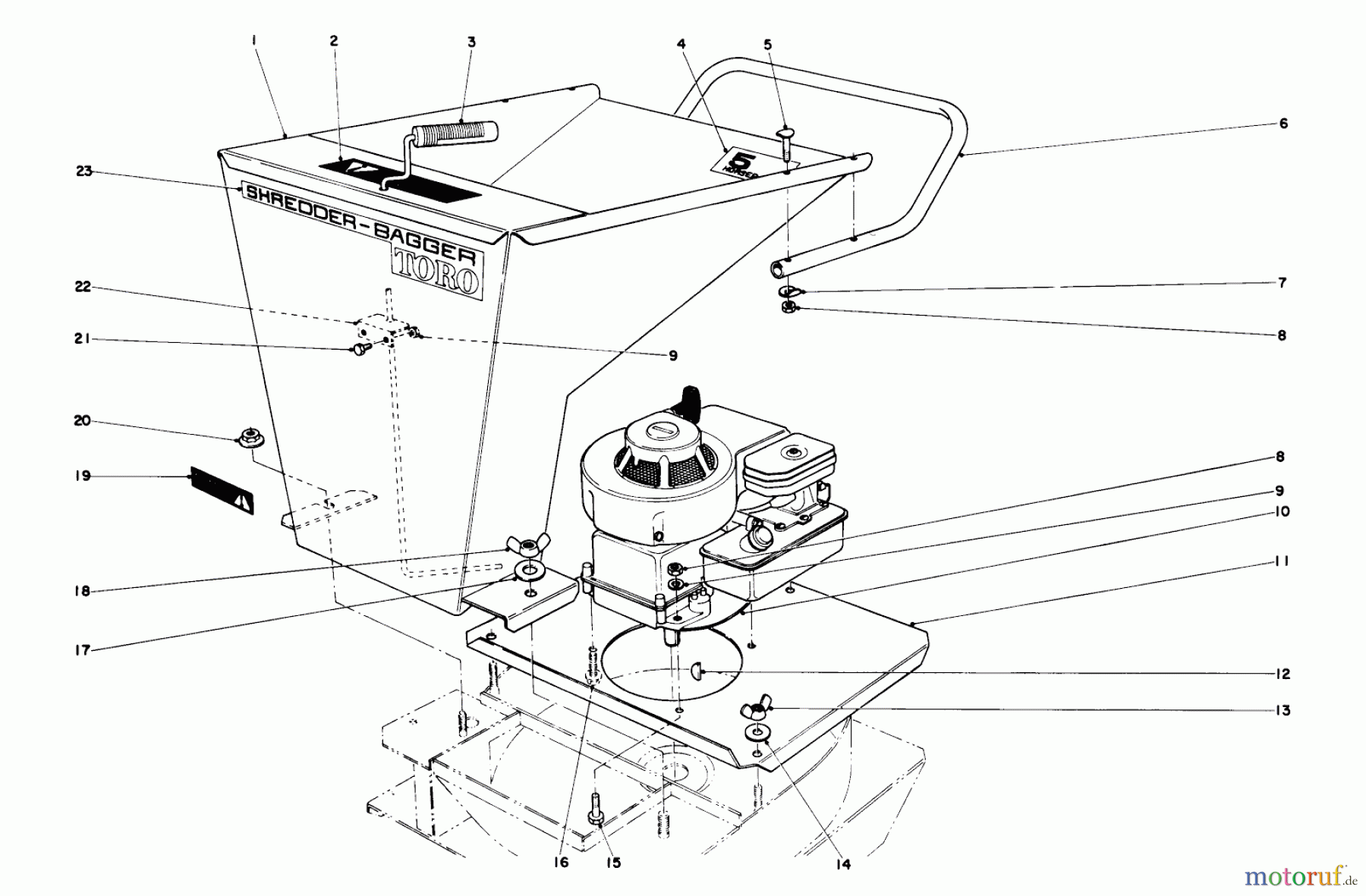 Toro Neu Blowers/Vacuums/Chippers/Shredders 62850 - Toro Shredder, 1972 (2000001-2999999) ENGINE & HOPPER ASSEMBLY