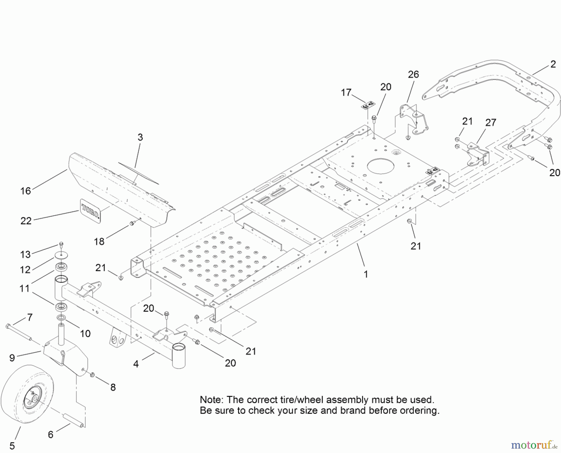 Toro Neu Mowers, Zero-Turn 74623 (4200) - Toro TimeCutter SS 4200 Riding Mower, 2012 (SN 312000001-312999999) FRAME, FRONT AXLE AND CASTER WHEEL ASSEMBLY