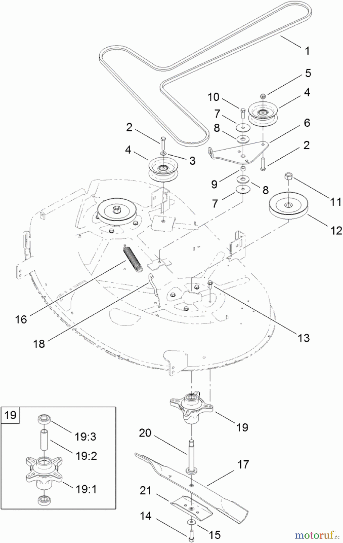  Toro Neu Mowers, Zero-Turn 74626 (4260) - Toro TimeCutter SS 4260 Riding Mower, 2011 (311000001-311999999) 42 INCH DECK BELT, SPINDLE AND BLADE ASSEMBLY