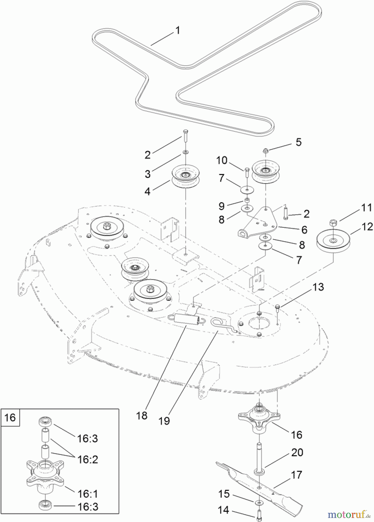  Toro Neu Mowers, Zero-Turn 74630 (5000) - Toro TimeCutter SS 5000 Riding Mower, 2012 (SN 312000001-312999999) 50 INCH DECK BELT, SPINDLE AND BLADE ASSEMBLY