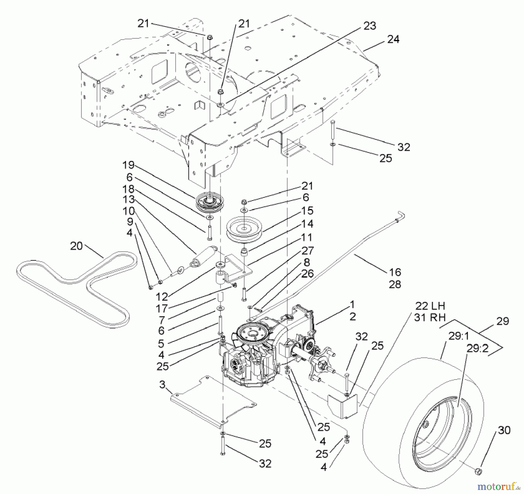  Toro Neu Mowers, Zero-Turn 74701 (17-52ZX) - Toro 17-52ZX TimeCutter ZX Riding Mower, 2003 (230000001-230999999) HYDRO AND BELT DRIVE ASSEMBLY