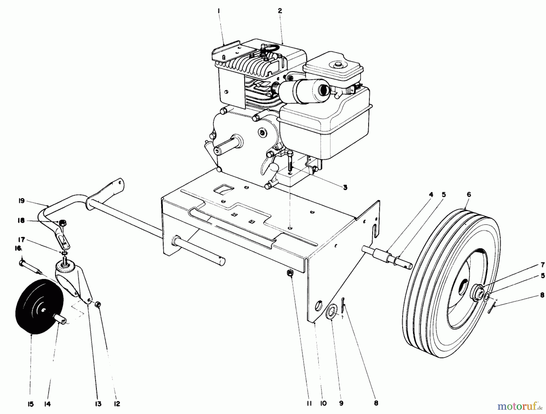 Toro Neu Blowers/Vacuums/Chippers/Shredders 62911 - Toro 5 hp Lawn Vacuum, 1974 (4000001-4999999) ENGINE AND BASE ASSEMBLY (MODEL 62911)