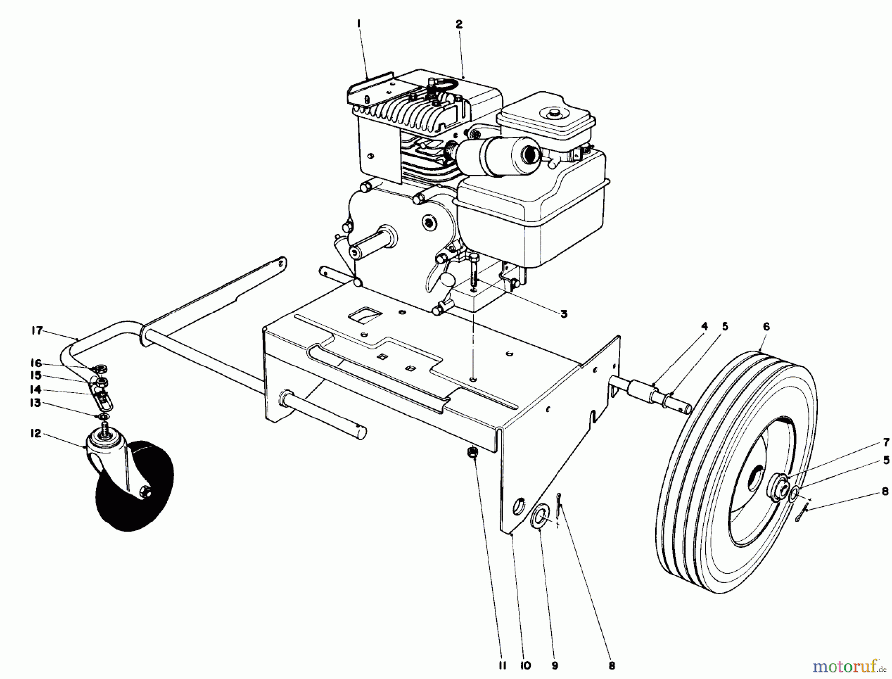  Toro Neu Blowers/Vacuums/Chippers/Shredders 62923 - Toro 5 hp Lawn Vacuum, 1975 (5000001-5999999) ENGINE AND BASE ASSEMBLY (MODEL 62912)