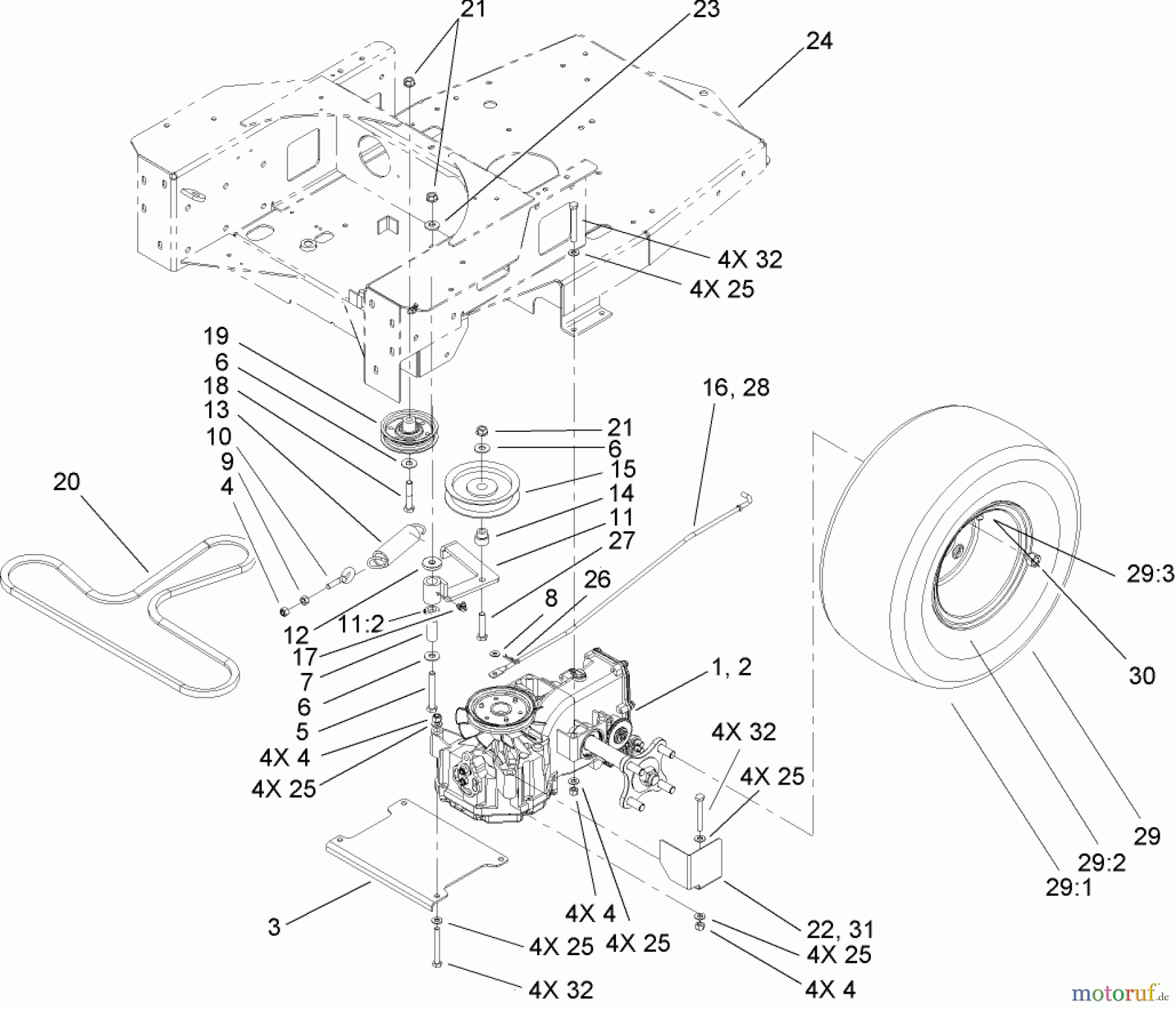  Toro Neu Mowers, Zero-Turn 74802 (19-52ZX) - Toro 19-52ZX TimeCutter ZX Riding Mower, 2004 (240000001-240000158) HYDRO AND BELT DRIVE ASSEMBLY