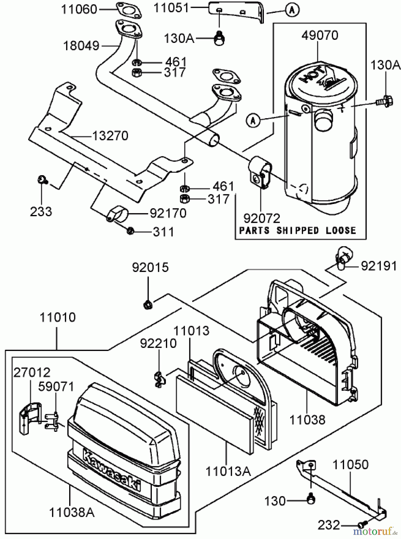 Toro Neu Mowers, Zero-Turn 74806 (ZX525) - Toro TimeCutter ZX525 Riding Mower, 2005 (250000001-250999999) AIR FILTER AND MUFFLER ASSEMBLY KAWASAKI FH541V-AS07
