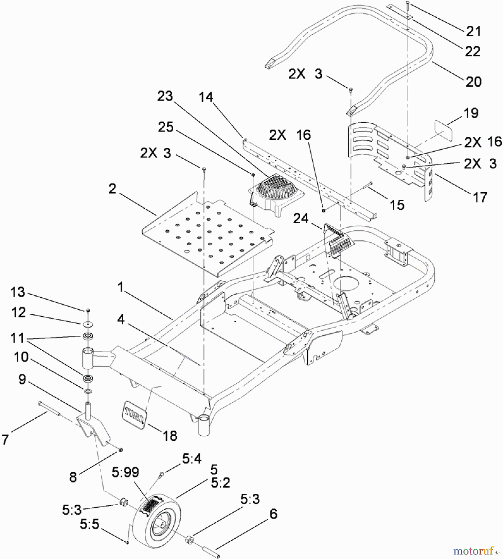 Toro Neu Mowers, Zero-Turn 74820 (ZX5000) - Toro TITAN ZX5000 Zero-Turn-Radius Riding Mower, 2009 (290000001-290999999) MAIN FRAME AND FRONT CASTER WHEEL ASSEMBLY