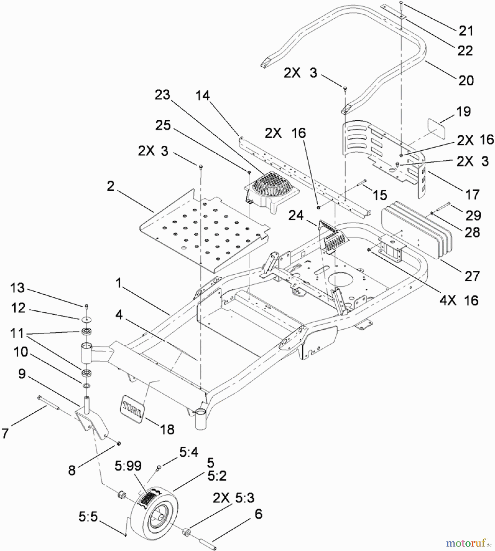 Toro Neu Mowers, Zero-Turn 74823 (ZX6000) - Toro TITAN ZX6000 Zero-Turn-Radius Riding Mower, 2009 (290000001-290999999) MAIN FRAME AND FRONT CASTER WHEEL ASSEMBLY