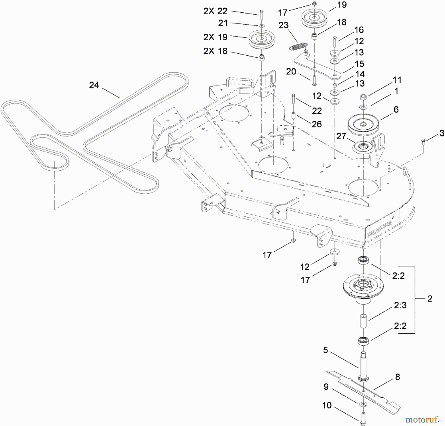 Toro Neu Mowers, Zero-Turn 74832 (ZX5450) - Toro TITAN ZX5450 Zero-Turn-Radius Riding Mower, 2010 (310000001-310999999) 54 INCH DECK SPINDLE AND BLADE ASSEMBLY