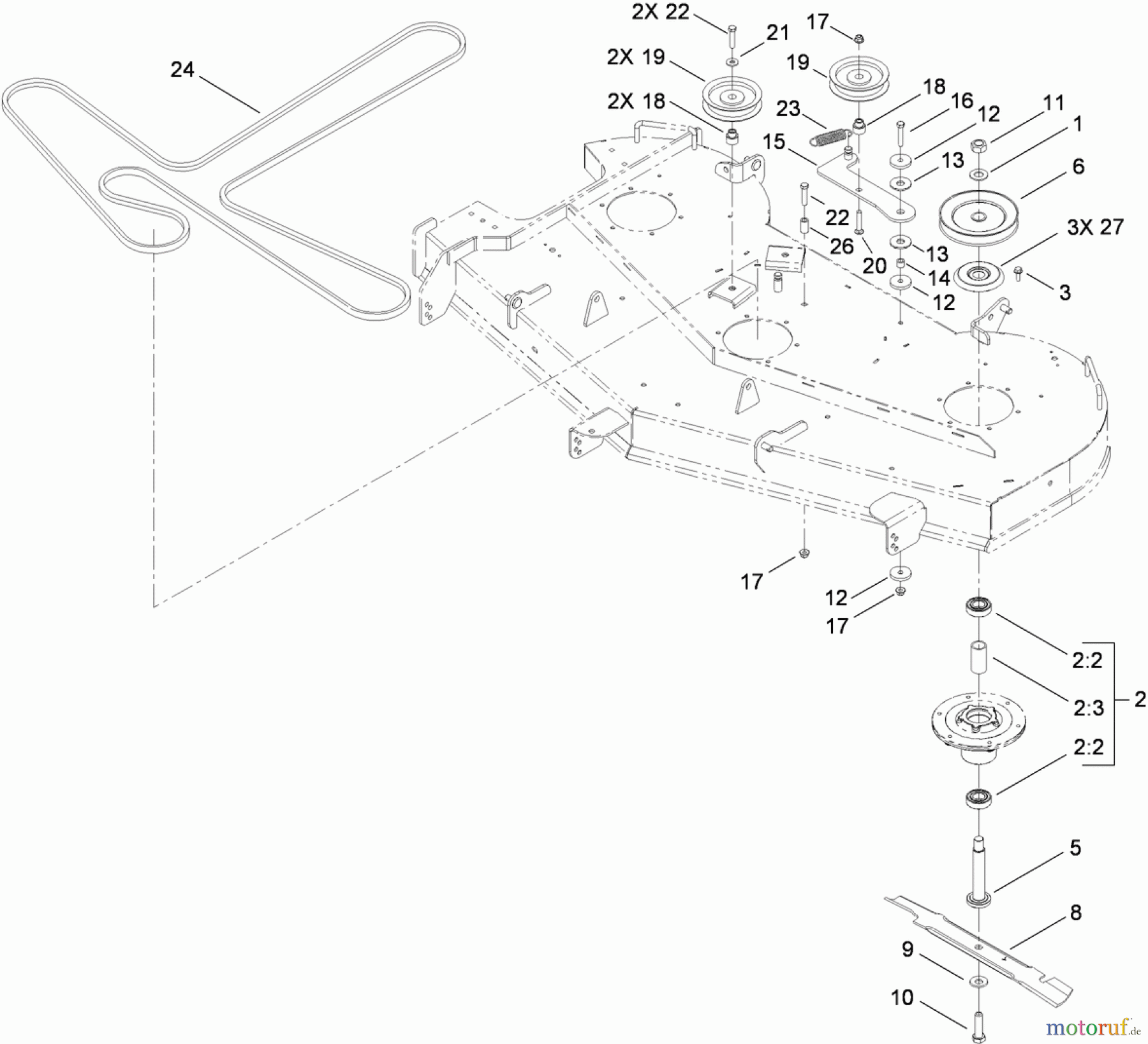  Toro Neu Mowers, Zero-Turn 74833 (ZX6030) - Toro TITAN ZX6030 Zero-Turn-Radius Riding Mower, 2010 (310000001-310999999) 60 INCH DECK SPINDLE AND BELT ASSEMBLY