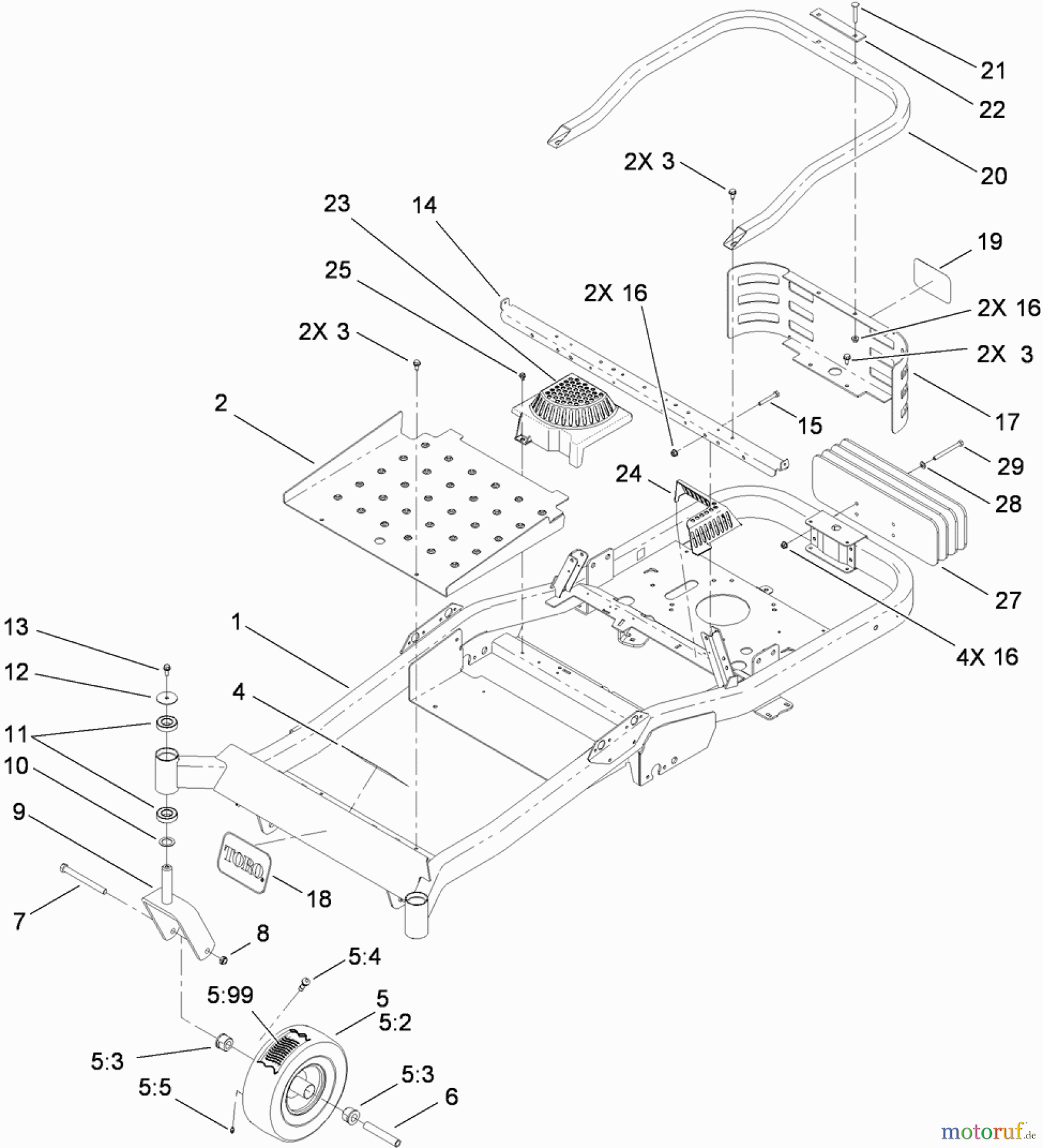  Toro Neu Mowers, Zero-Turn 74833 (ZX6030) - Toro TITAN ZX6030 Zero-Turn-Radius Riding Mower, 2010 (310000001-310999999) MAIN FRAME AND FRONT CASTER WHEEL ASSEMBLY