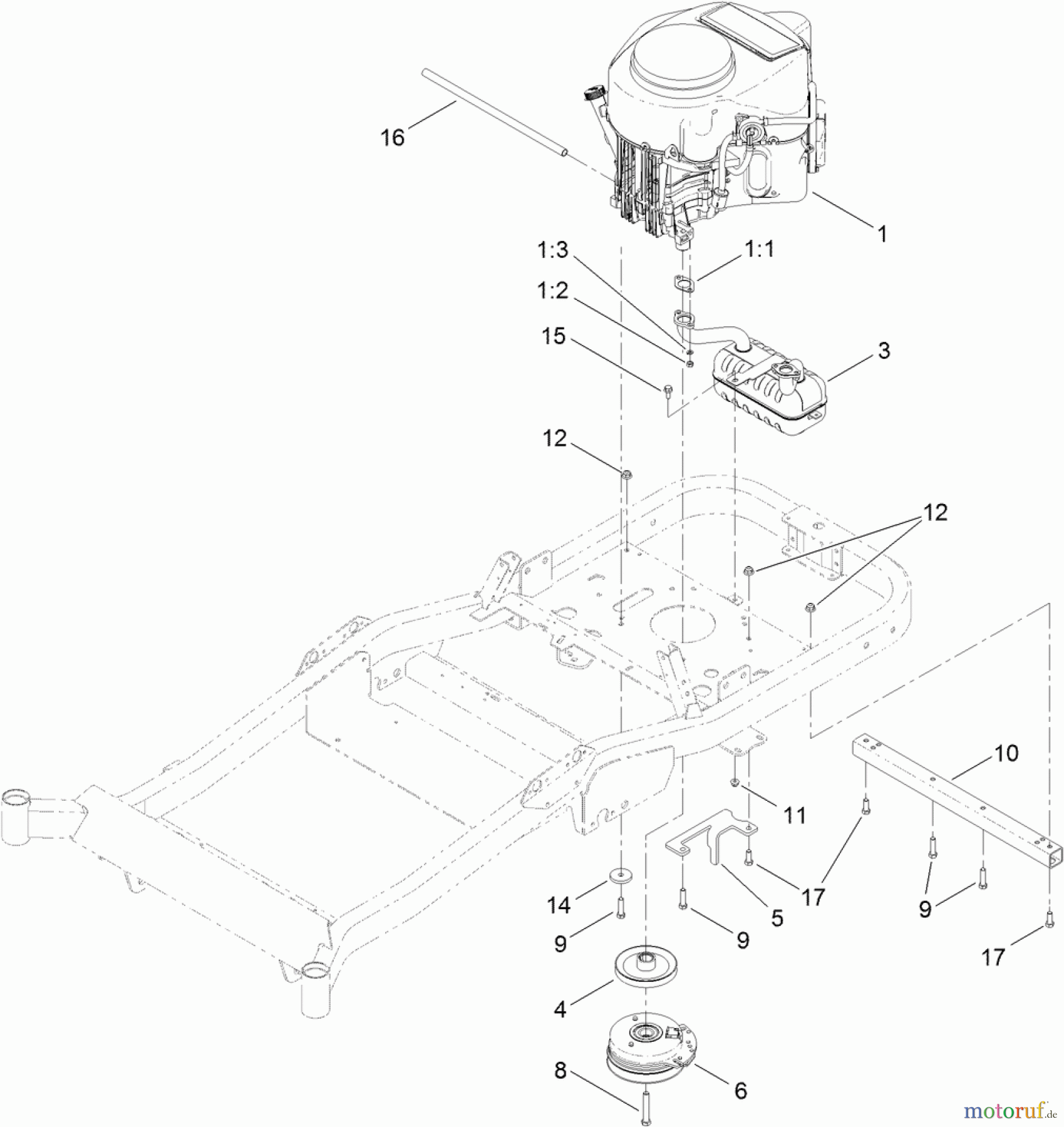  Toro Neu Mowers, Zero-Turn 74841 (ZX4820) - Toro TITAN ZX4820 Zero-Turn-Radius Riding Mower, 2011 (311000001-311999999) ENGINE, MUFFLER AND CLUTCH ASSEMBLY