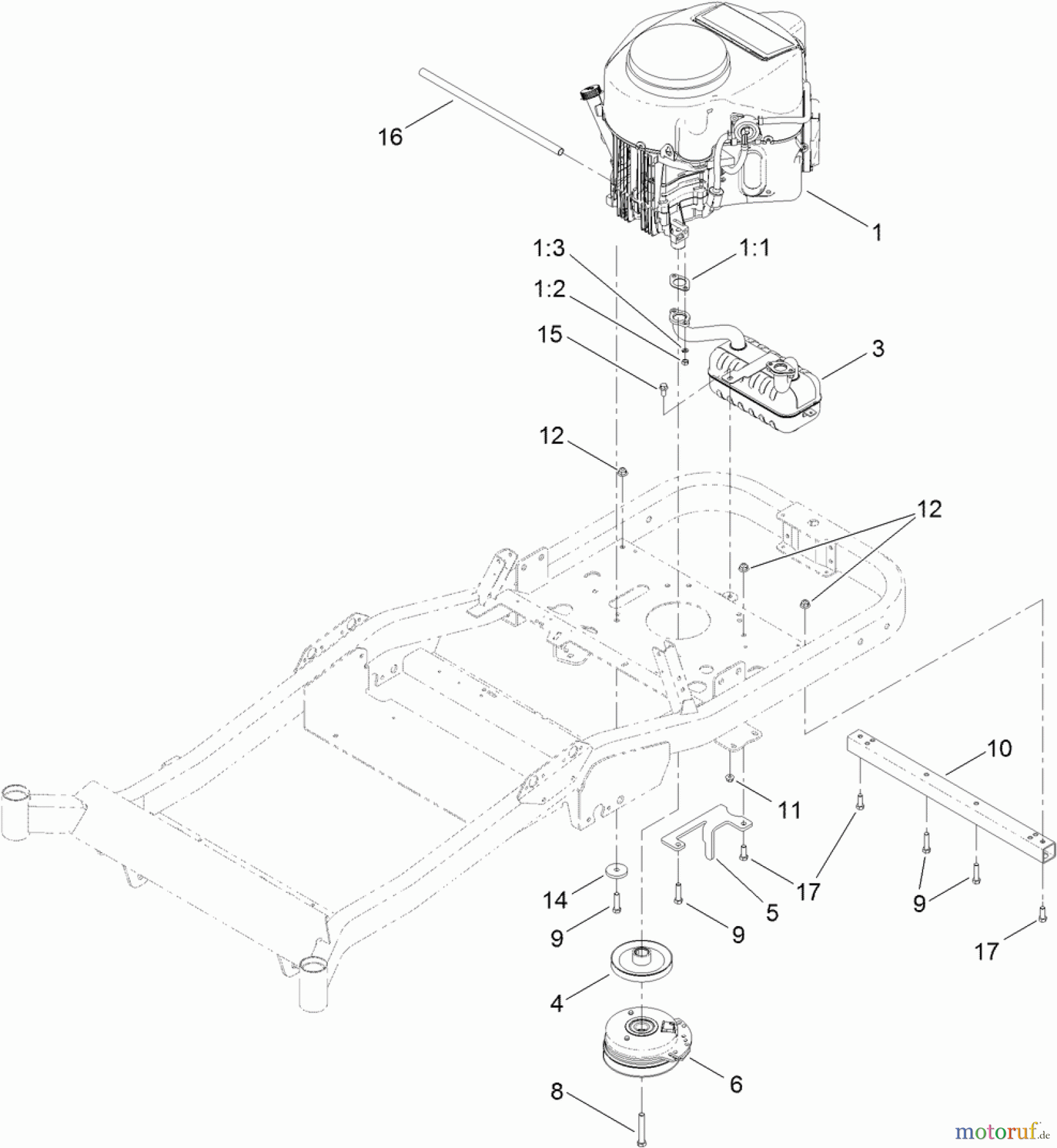  Toro Neu Mowers, Zero-Turn 74841 (ZX4820) - Toro TITAN ZX4820 Zero-Turn-Radius Riding Mower, 2012 (SN 312000001-312999999) ENGINE, MUFFLER AND CLUTCH ASSEMBLY
