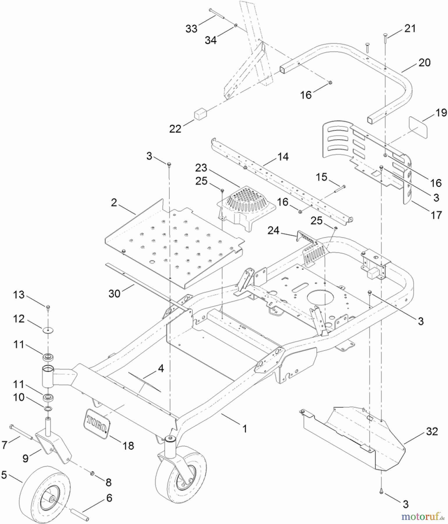  Toro Neu Mowers, Zero-Turn 74842 (ZX5420) - Toro TITAN ZX5420 Zero-Turn-Radius Riding Mower, 2012 (SN 312000001-312999999) MAIN FRAME AND CASTER WHEEL ASSEMBLY