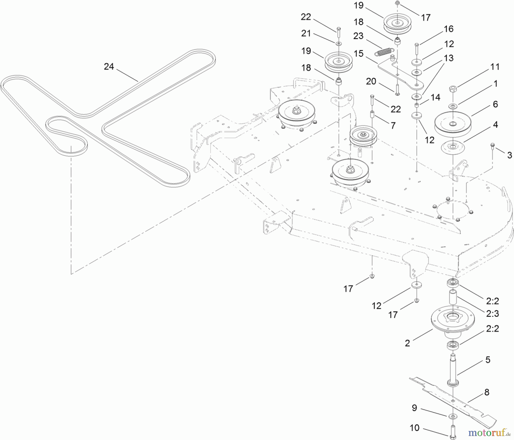 Toro Neu Mowers, Zero-Turn 74843 (ZX6020) - Toro TITAN ZX6020 Zero-Turn-Radius Riding Mower, 2011 (311000001-311999999) 60 INCH DECK BELT, SPINDLE AND HI-FLO BLADE ASSEMBLY