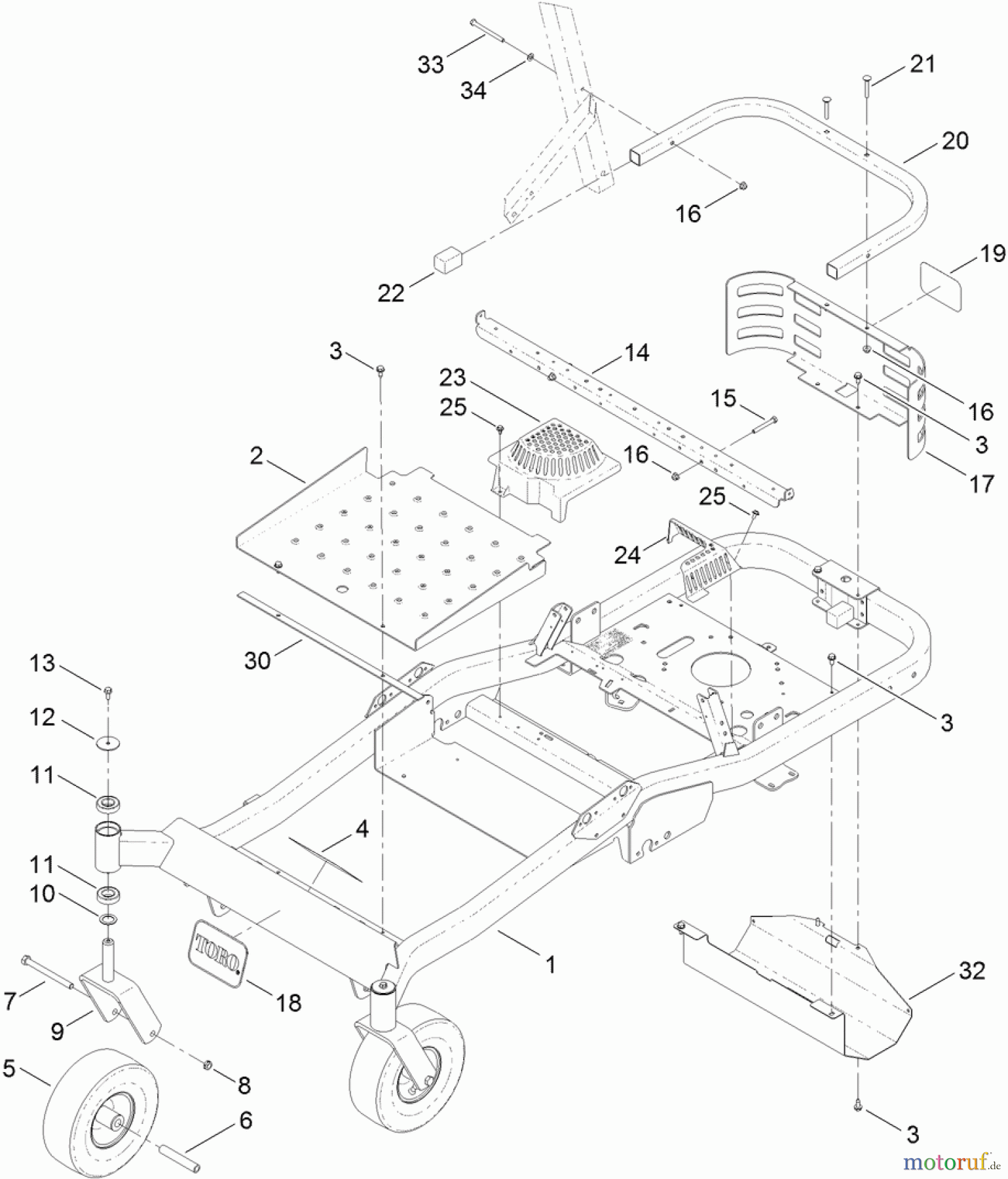 Toro Neu Mowers, Zero-Turn 74843 (ZX6020) - Toro TITAN ZX6020 Zero-Turn-Radius Riding Mower, 2012 (SN 312000001-312999999) MAIN FRAME AND CASTER WHEEL ASSEMBLY
