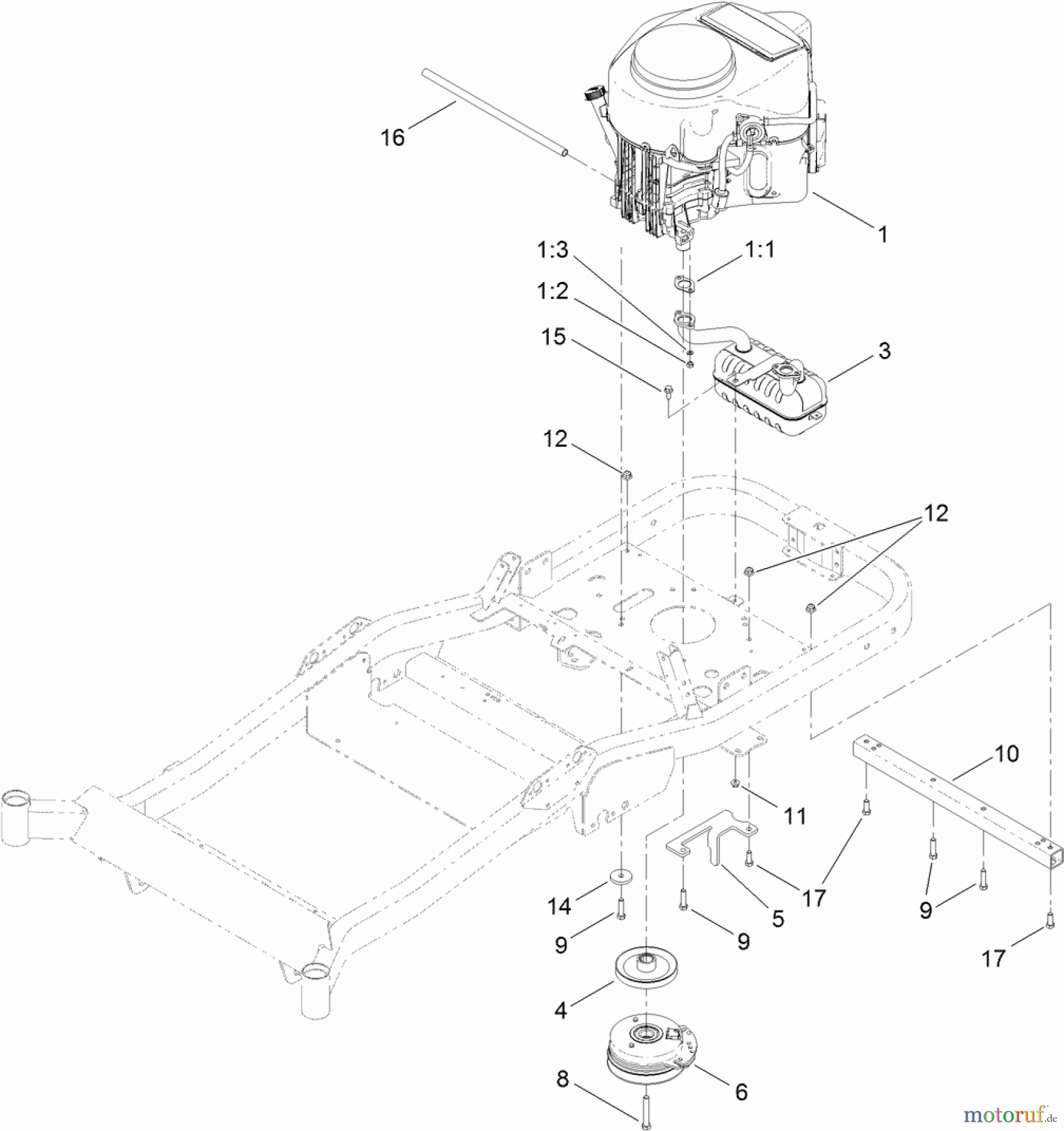 Toro Neu Mowers, Zero-Turn 74872 (MX5480) - Toro TITAN MX5480 Zero-Turn-Radius Riding Mower, 2011 (311000001-311999999) ENGINE, MUFFLER AND CLUTCH ASSEMBLY