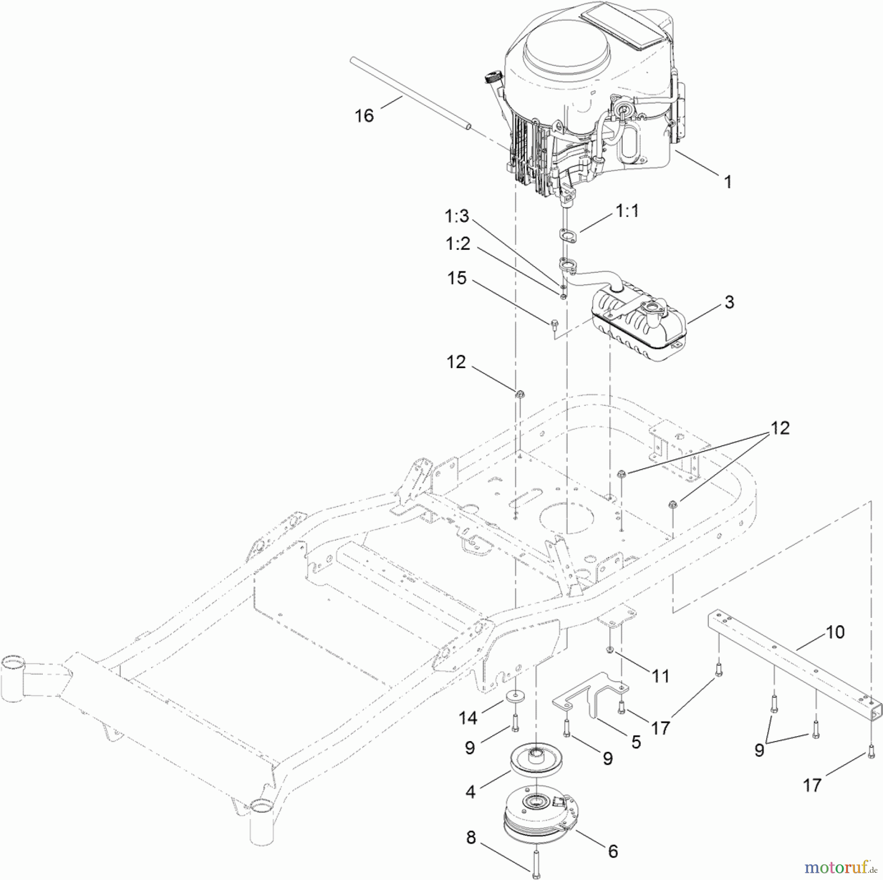  Toro Neu Mowers, Zero-Turn 74873 (MX6080) - Toro TITAN MX6080 Zero-Turn-Radius Riding Mower, 2012 (SN 312000001-312999999) ENGINE, MUFFLER AND CLUTCH ASSEMBLY