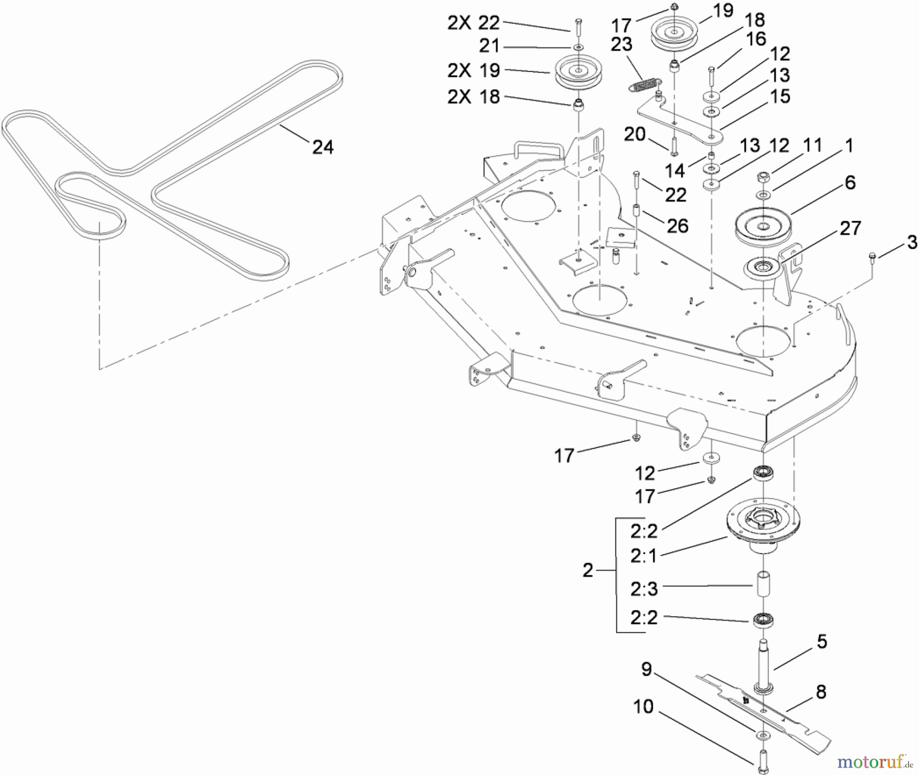 Toro Neu Mowers, Zero-Turn 74914 (ZX5400) - Toro TITAN ZX5400 Zero-Turn-Radius Riding Mower, 2009 (290000001-290999999) DECK SPINDLE AND BELT ASSEMBLY