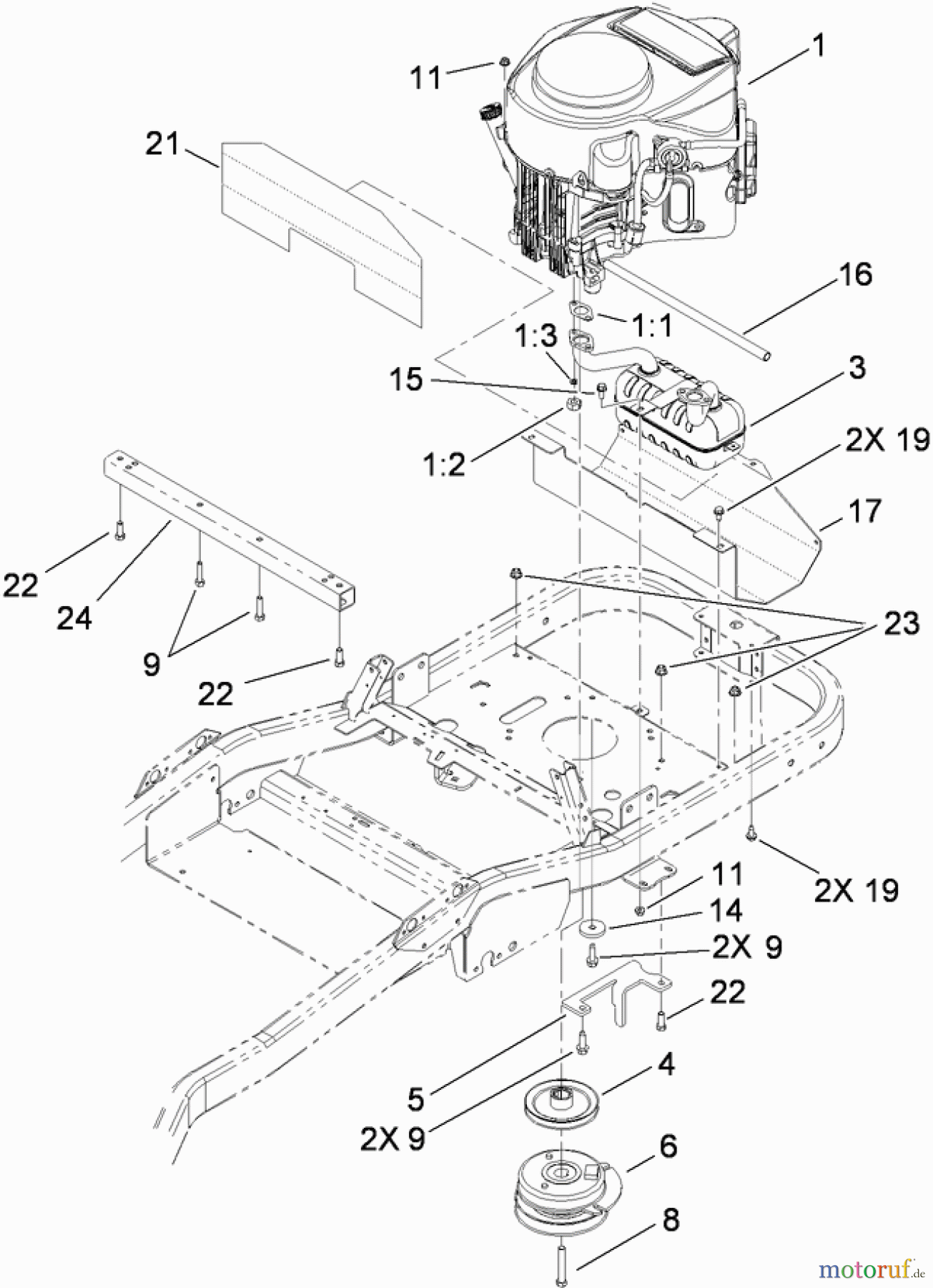 Toro Neu Mowers, Zero-Turn 74914 (ZX5400) - Toro TITAN ZX5400 Zero-Turn-Radius Riding Mower, 2010 (310000001-310999999) ENGINE, CLUTCH AND EXHAUST ASSEMBLY