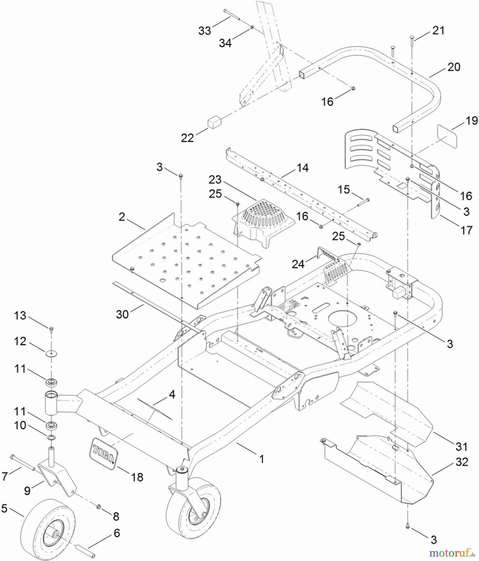  Toro Neu Mowers, Zero-Turn 74920 (ZX4820) - Toro TITAN ZX4820 Zero-Turn-Radius Riding Mower, 2012 (SN 312000001-312999999) MAIN FRAME AND CASTER WHEEL ASSEMBLY