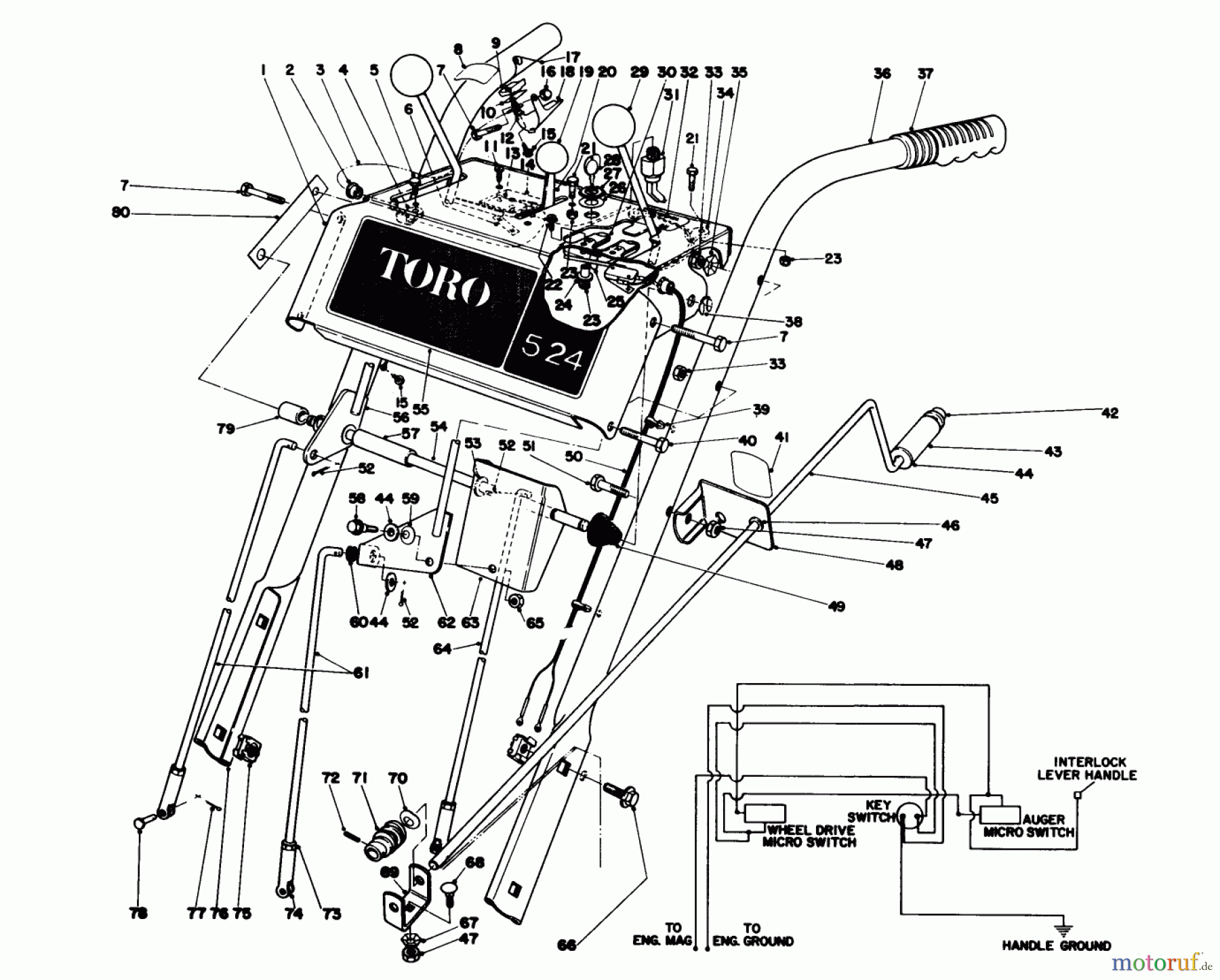  Toro Neu Snow Blowers/Snow Throwers Seite 1 38040 (524) - Toro 524 Snowthrower, 1978 (8000001-8999999) HANDLE ASSEMBLY