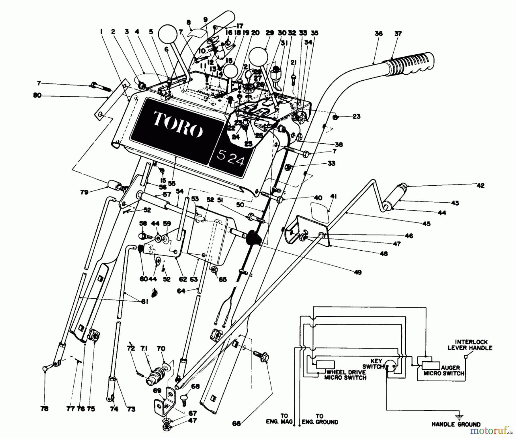  Toro Neu Snow Blowers/Snow Throwers Seite 1 38050 (724) - Toro 724 Snowthrower, 1979 (9000001-9999999) HANDLE ASSEMBLY