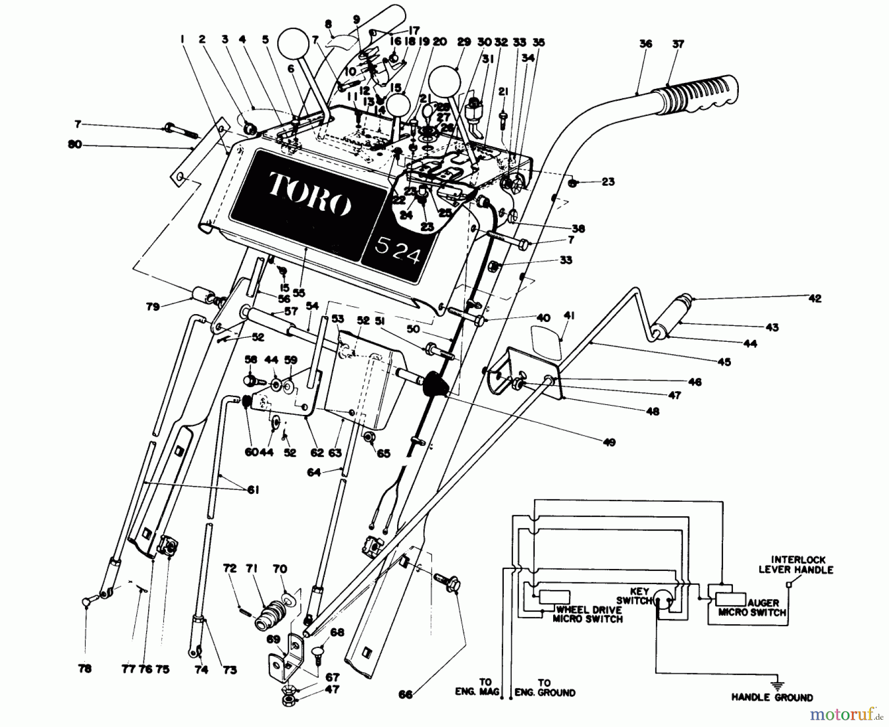  Toro Neu Snow Blowers/Snow Throwers Seite 1 38050 (724) - Toro 724 Snowthrower, 1980 (0000001-0999999) HANDLE ASSEMBLY