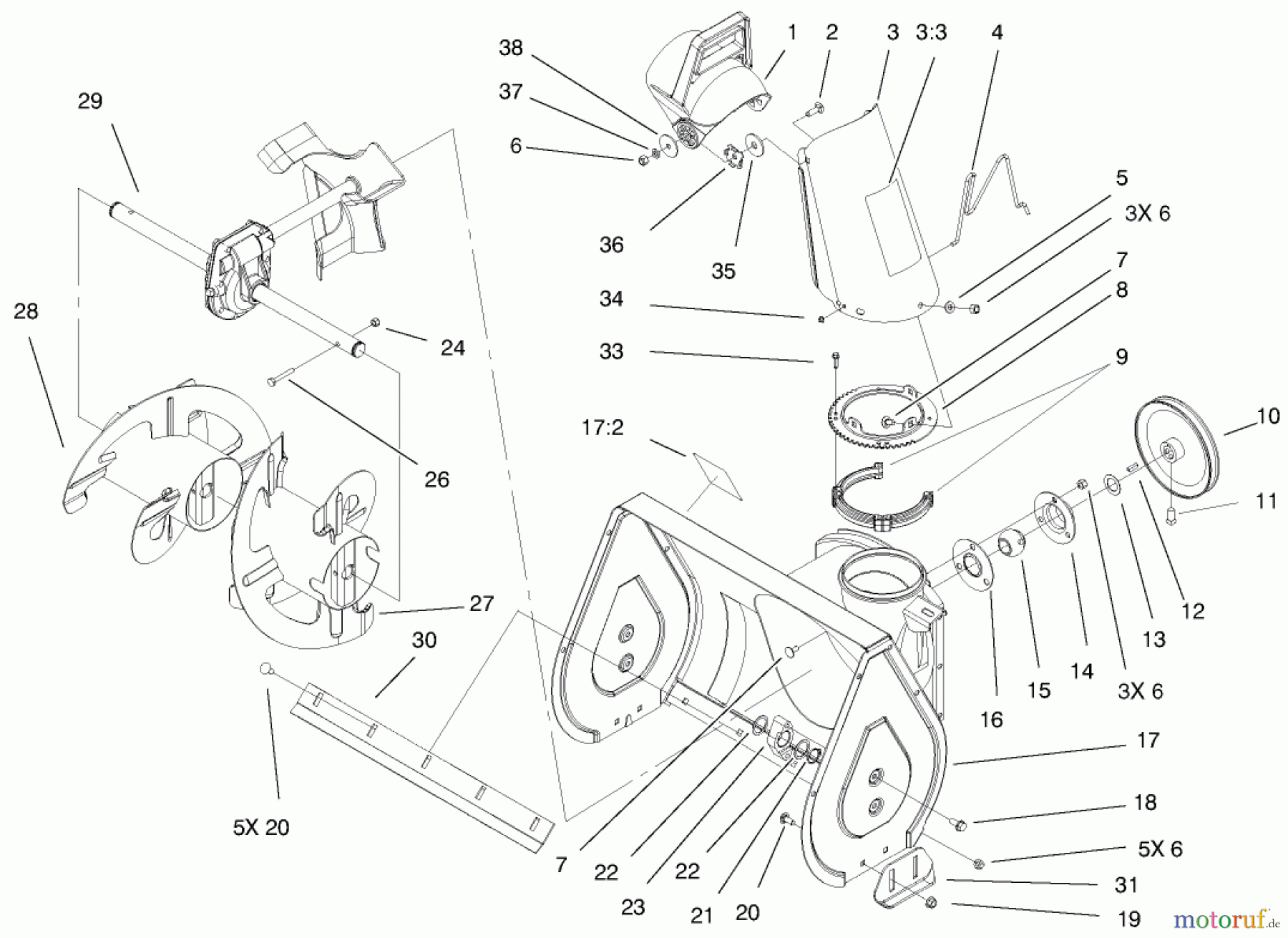 Toro Neu Snow Blowers/Snow Throwers Seite 1 38051 (522) - Toro 522 Snowthrower, 2000 (000000001-000999999) CHUTE AND AUGER ASSEMBLY