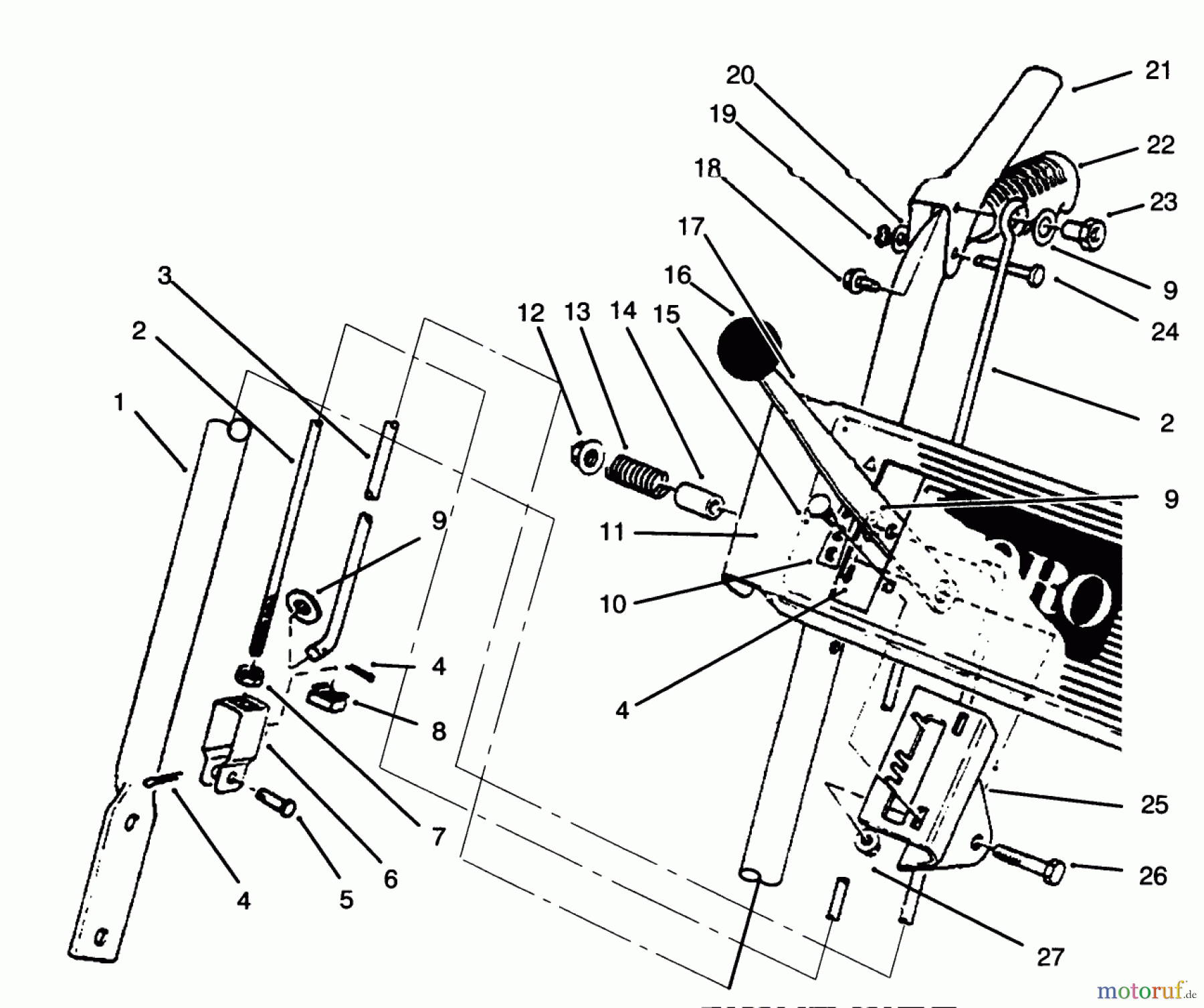  Toro Neu Snow Blowers/Snow Throwers Seite 1 38054 (521) - Toro 521 Snowthrower, 1996 (6900001-6999999) HANDLE ASSEMBLY RIGHT SIDE