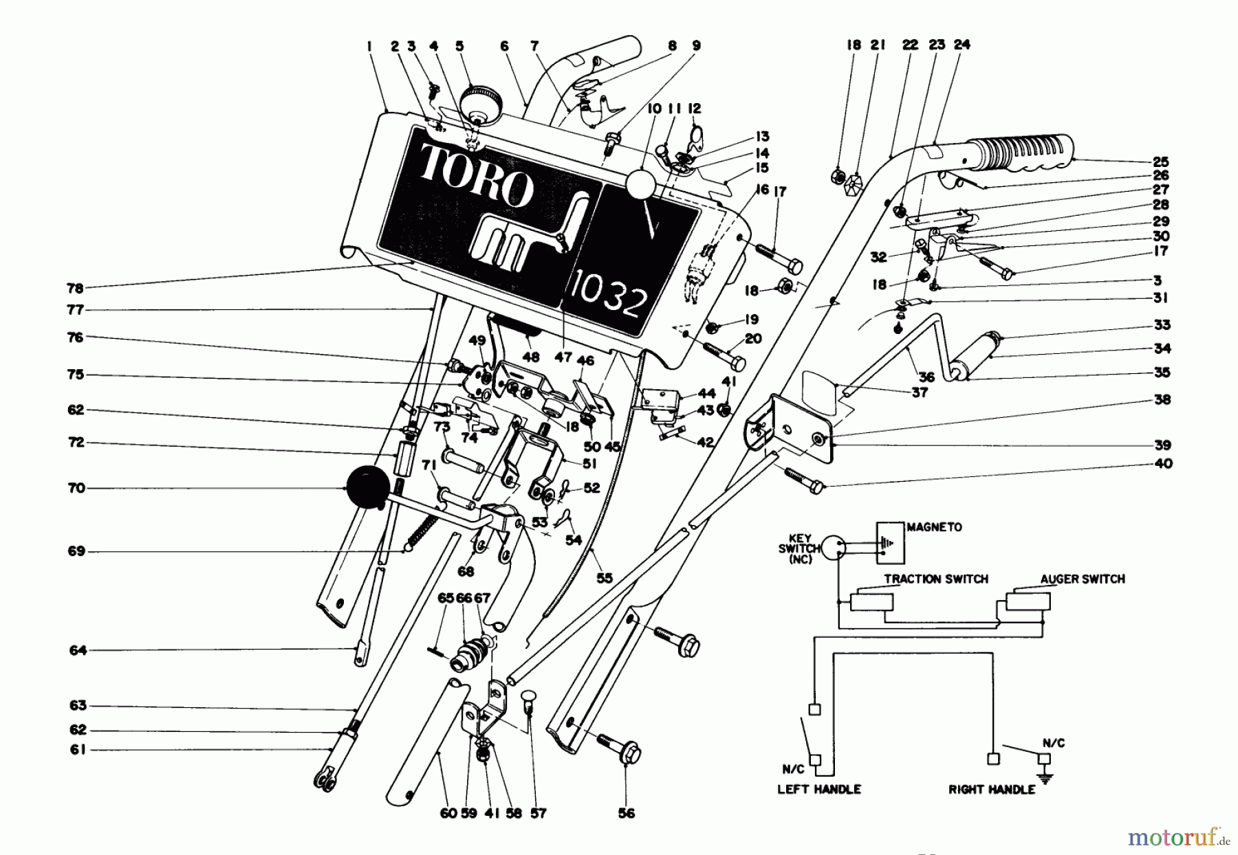 Toro Neu Snow Blowers/Snow Throwers Seite 1 38070 (1032) - Toro 1032 Snowthrower, 1978 (8000001-8999999) HANDLE ASSEMBLY