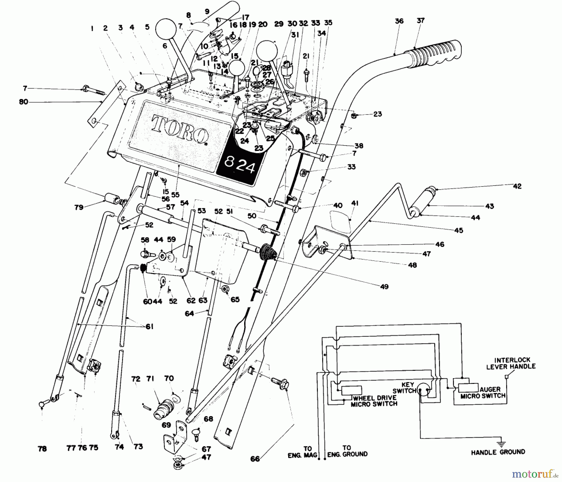 Toro Neu Snow Blowers/Snow Throwers Seite 1 38080 (824) - Toro 824 Snowthrower, 1980 (0000001-0999999) HANDLE ASSEMBLY