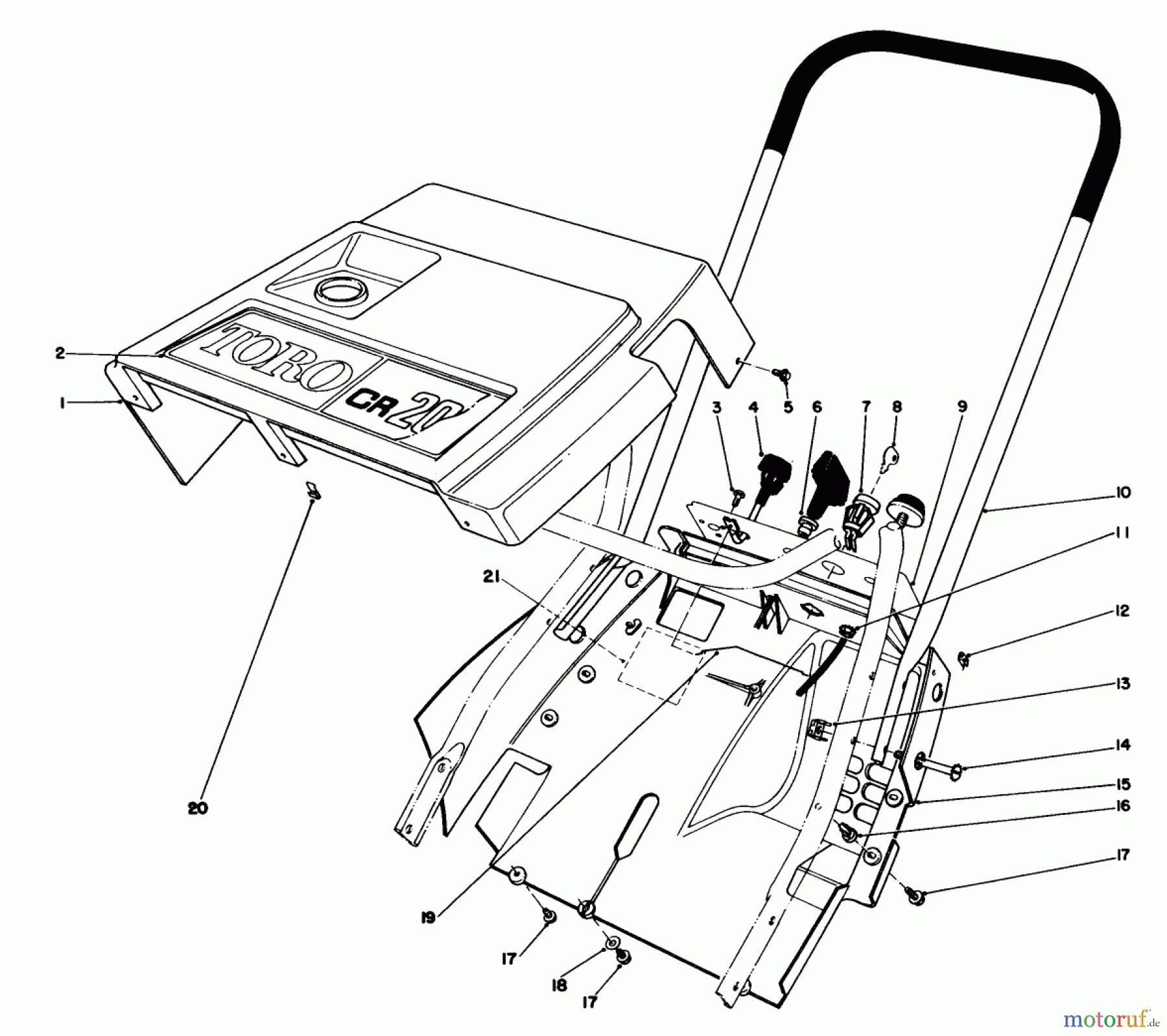 Toro Neu Snow Blowers/Snow Throwers Seite 1 38110C (CR-20R) - Toro CR-20R Snowthrower, 1988 (8000001-8999999) SHROUD & HANDLE ASSEMBLY