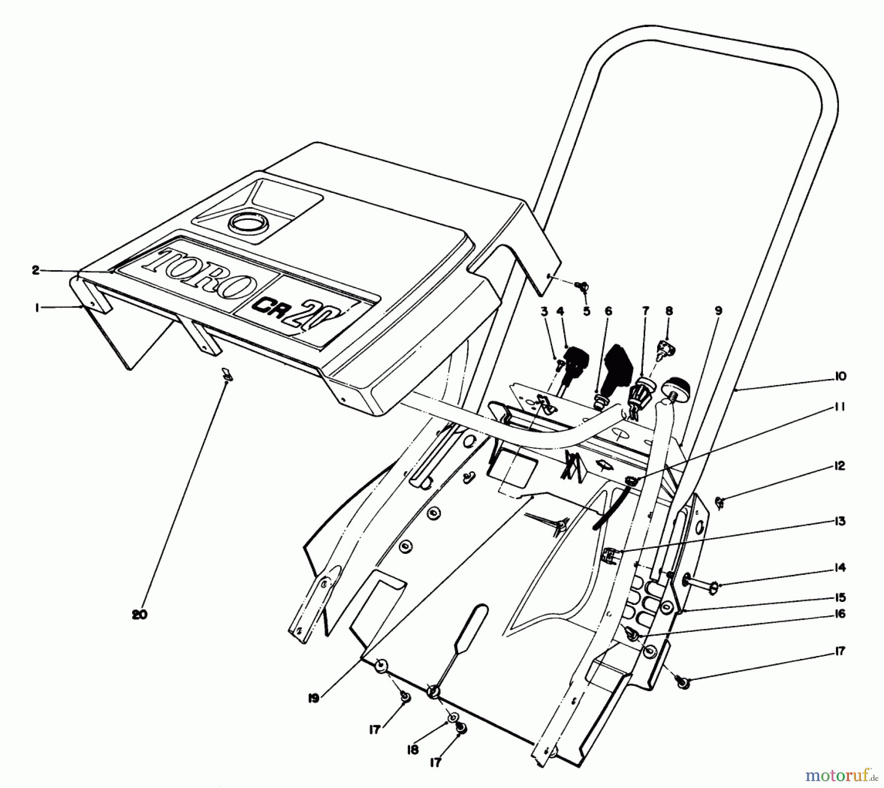 Toro Neu Snow Blowers/Snow Throwers Seite 1 38115C (CR-20R) - Toro CR-20 Snowthrower, 1990 (0000001-0999999) SHROUD & HANDLE ASSEMBLY