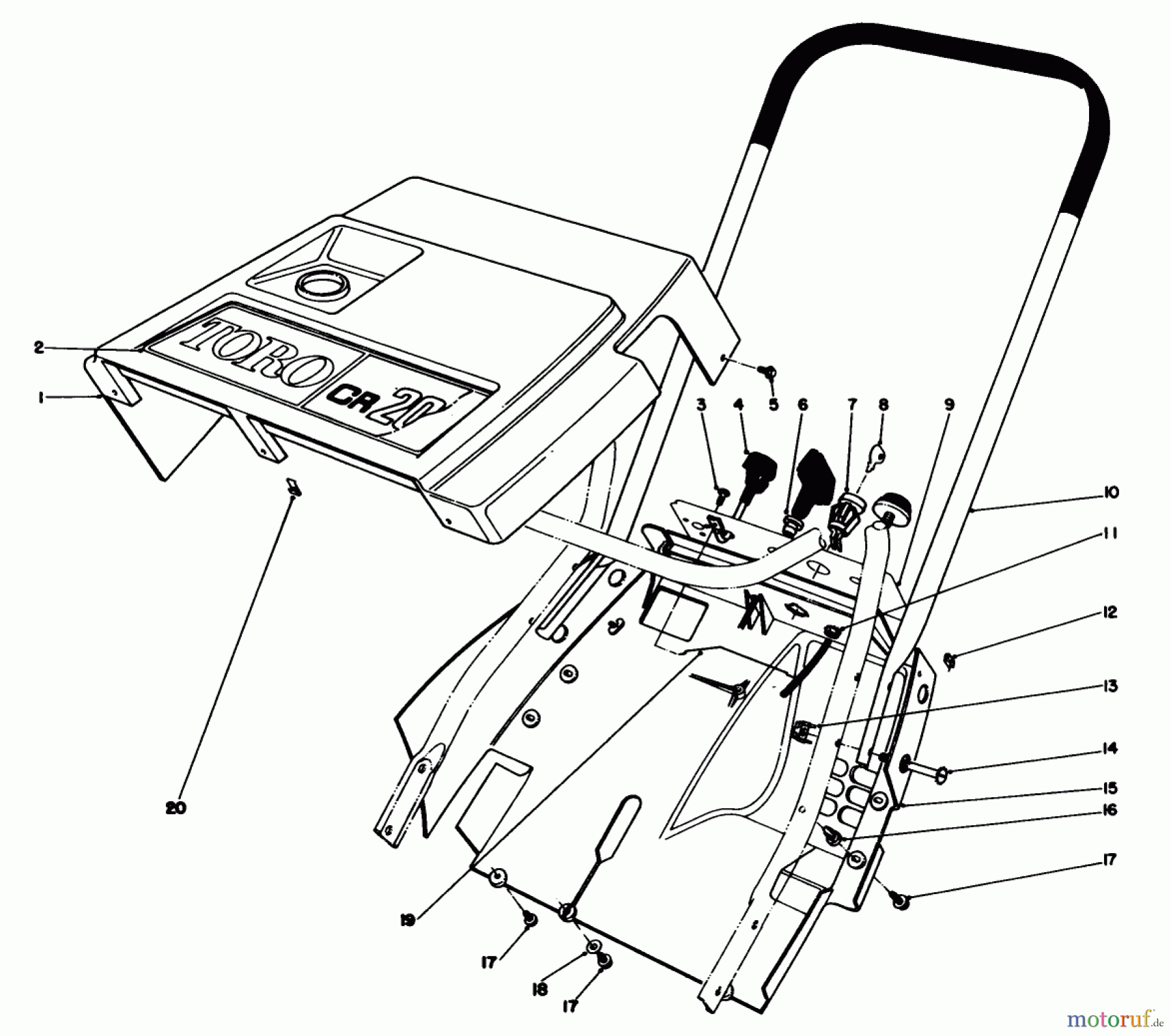 Toro Neu Snow Blowers/Snow Throwers Seite 1 38116 (CR-20R) - Toro CR-20 Snowthrower, 1989 (9000001-9999999) SHROUD & HANDLE ASSEMBLY