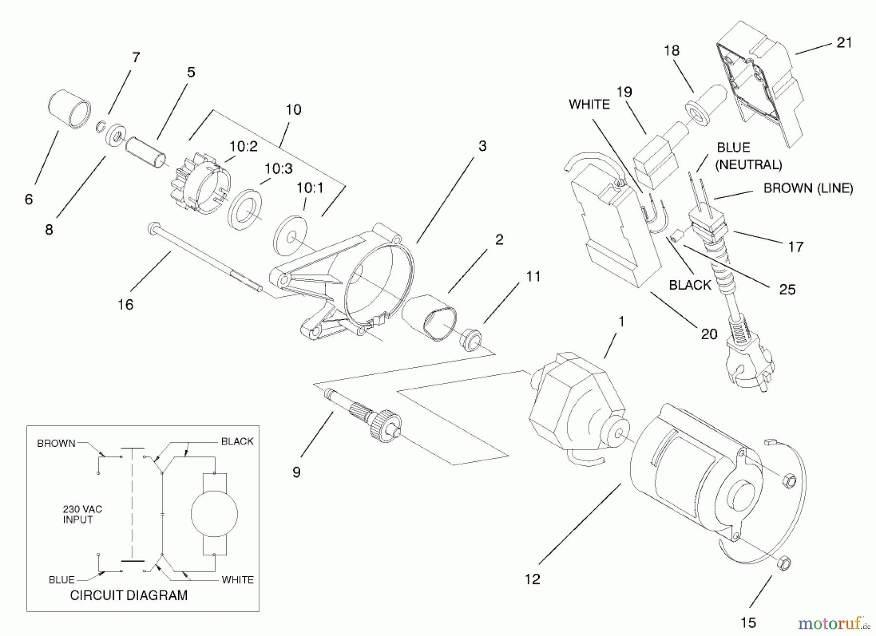 Toro Neu Snow Blowers/Snow Throwers Seite 1 38173 - Toro CCR Powerlite Snowthrower, 2003 (230000001-230999999) MOTOR AND SWITCH HOUSING ASSEMBLY NO. 105-2957 (ONLY ON 38183)(230 VOLT)