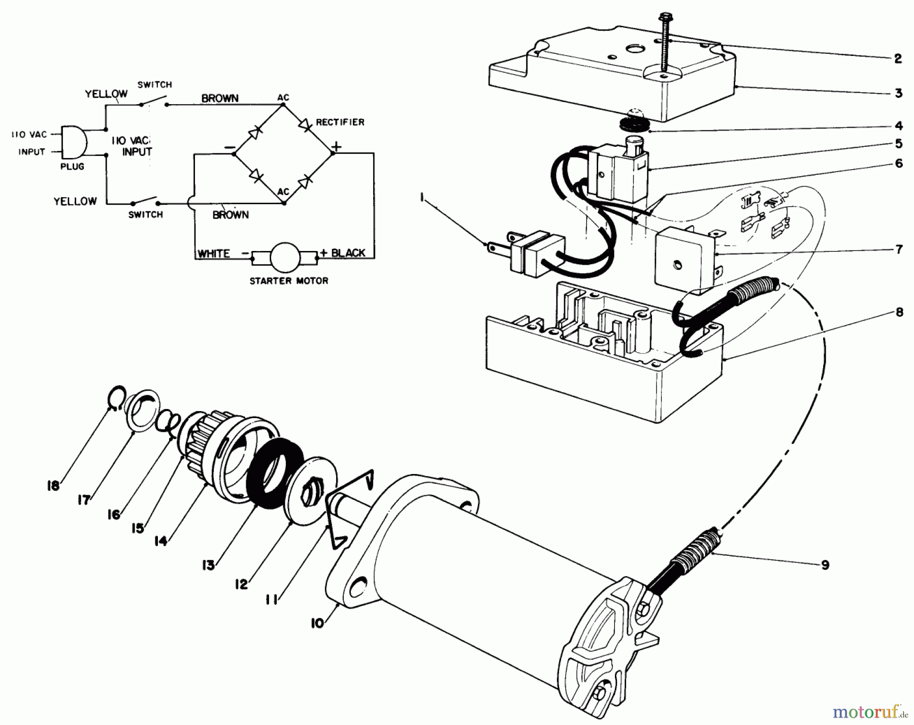 Toro Neu Snow Blowers/Snow Throwers Seite 1 38190 - Toro CCR 1000 Snowthrower, 1991 (1000001-1999999) STARTER MOTOR & SWITCH ASSEMBLY (MODEL NO. 38195 ONLY)