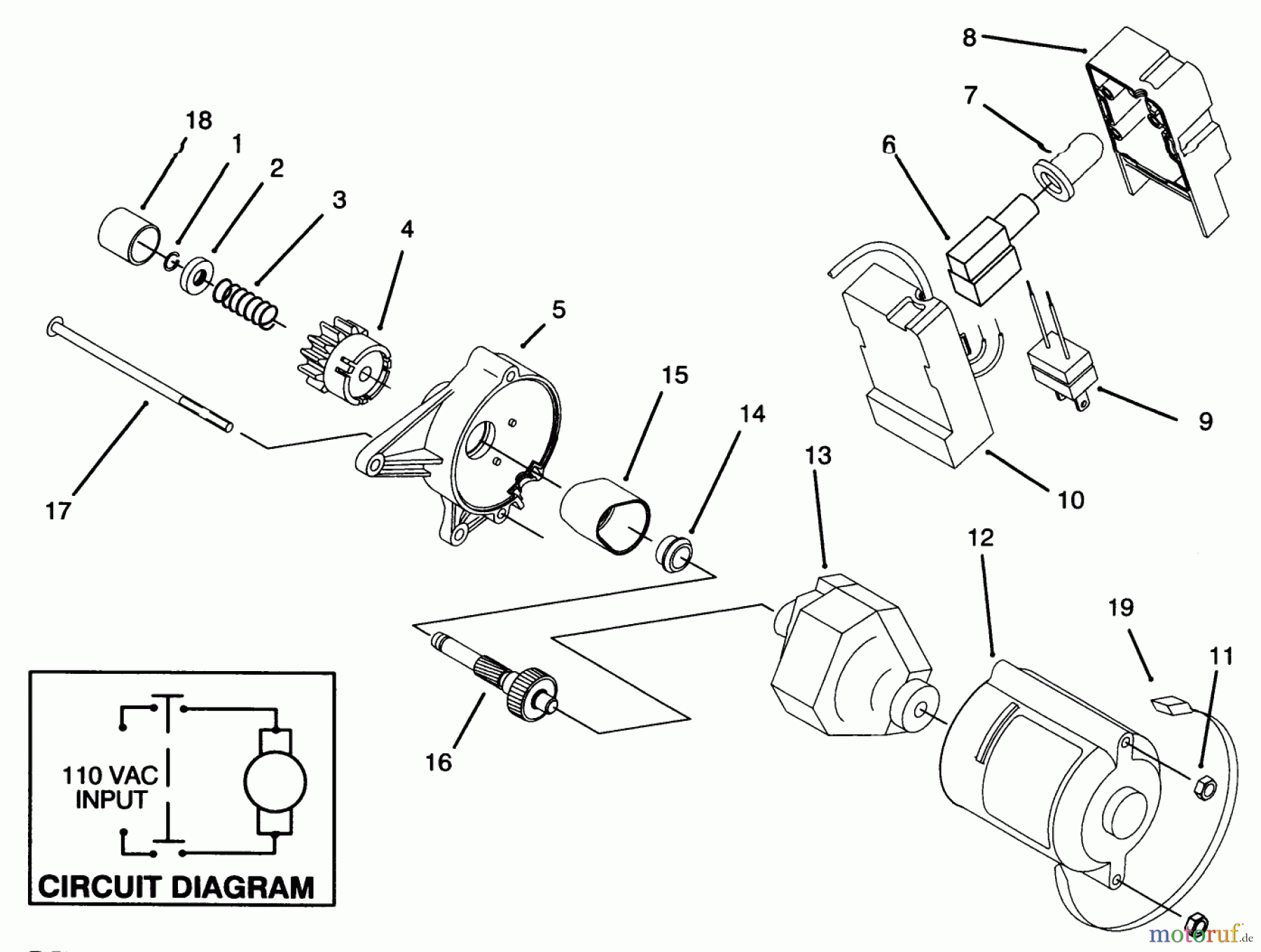  Toro Neu Snow Blowers/Snow Throwers Seite 1 38191 - Toro CCR 1000 Snowthrower, 1996 (6900001-6999999) STARTER MOTOR ASSEMBLY (MODEL 38196-ELECTRIC)