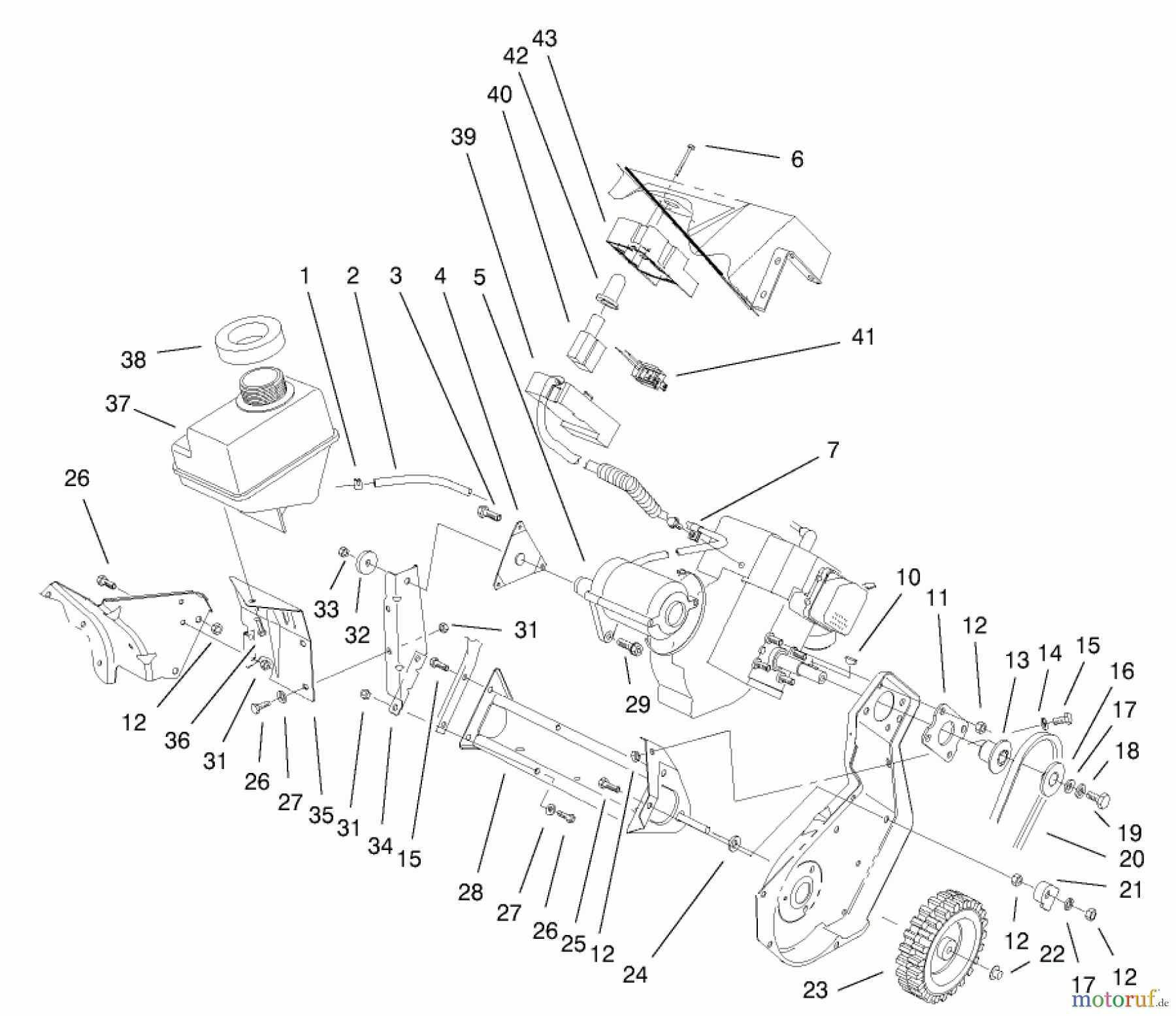 Toro Neu Snow Blowers/Snow Throwers Seite 1 38405 (1000) - Toro CCR 1000 Snowthrower, 2001 (210000001-210999999) ENGINE & GAS TANK ASSEMBLY